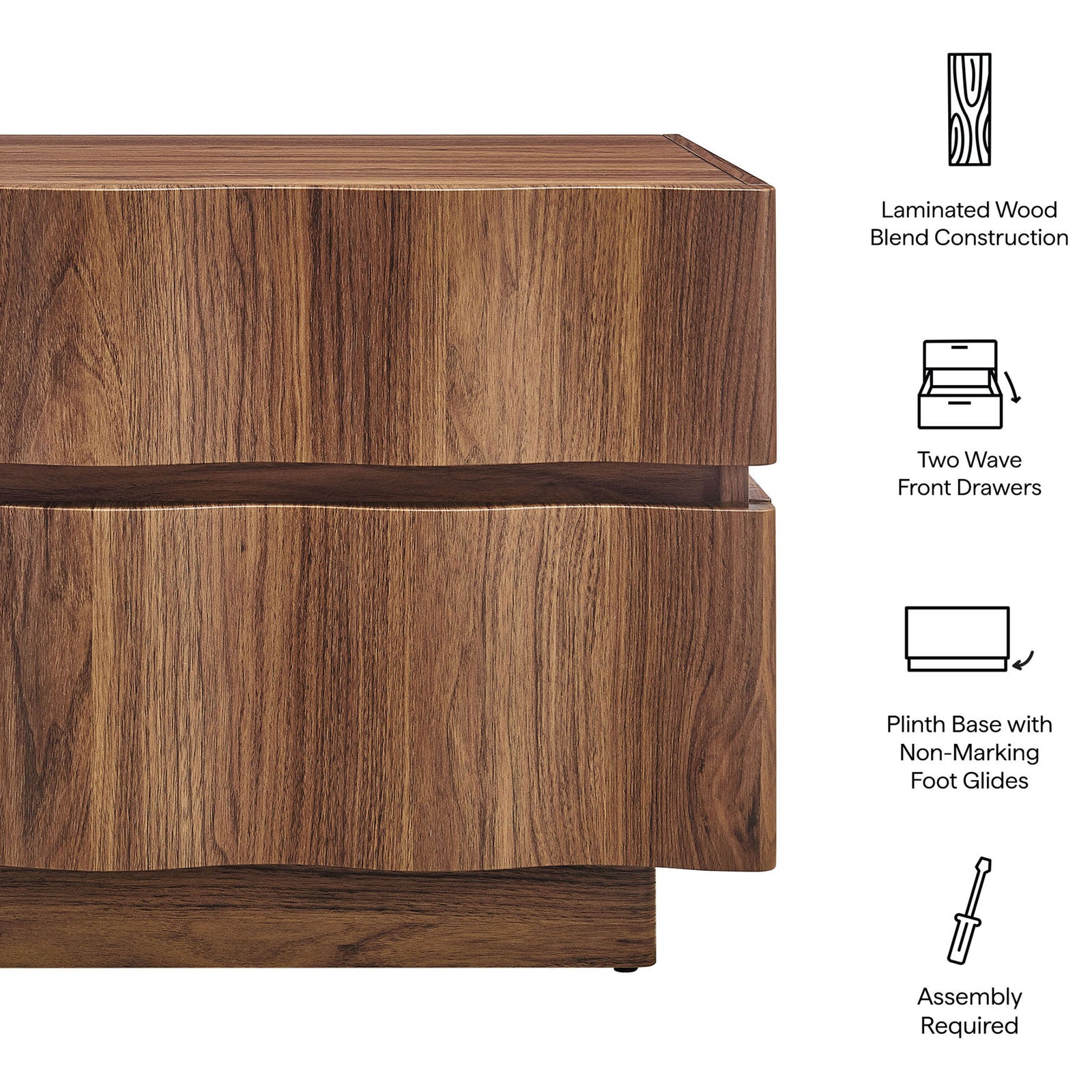 Laminated wood construction, wave-front drawers, and plinth base create a modern, durable nightstand || MOD-7243-WAL || callout_studio