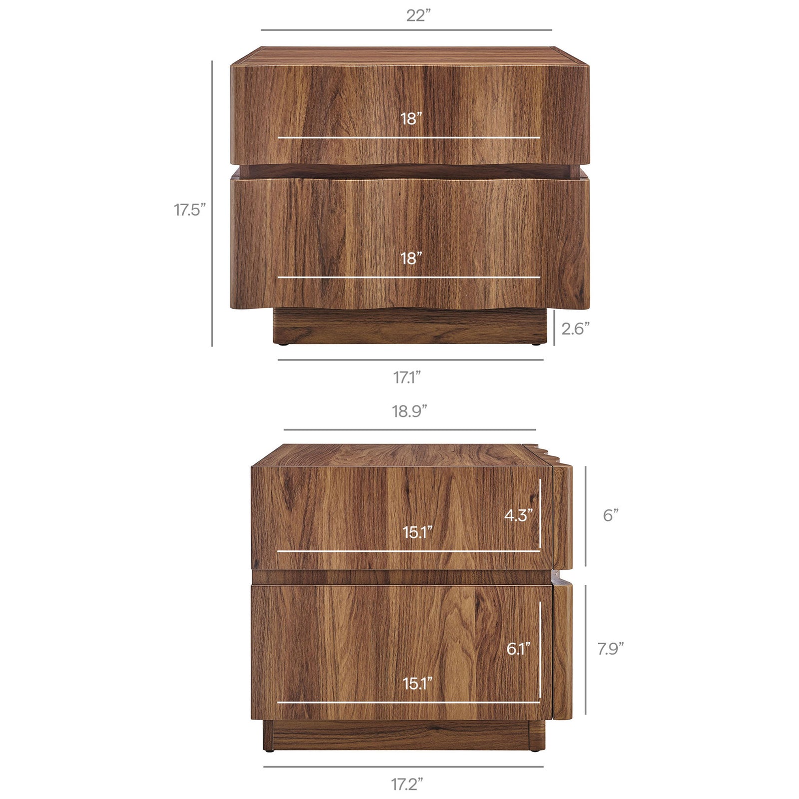 Measurements confirm the nightstand is 22 inches wide with generous drawer depth and plinth base height || MOD-7243-WAL || dimension_studio