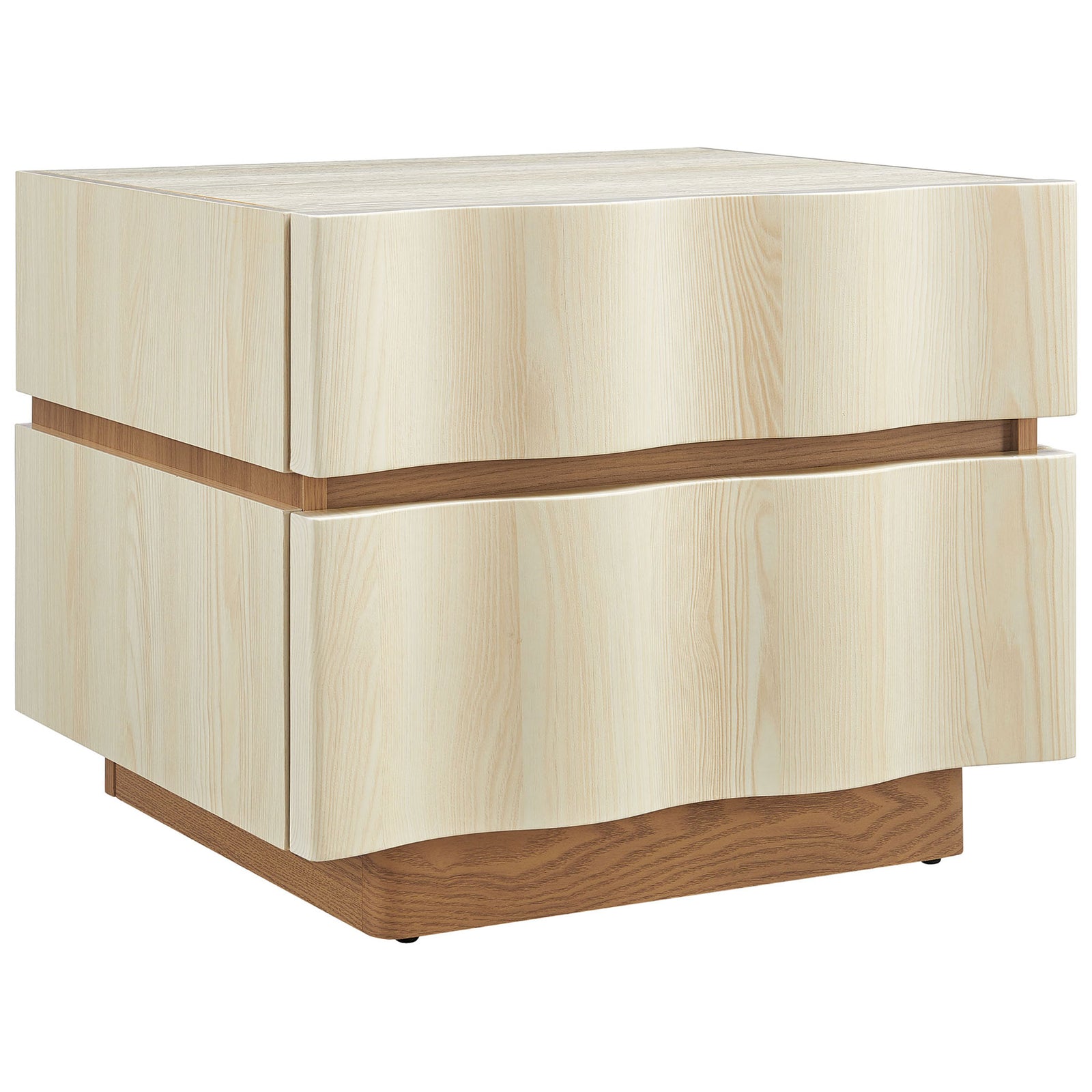 Modern nightstand with sculpted wave-front drawers in light oak atop a contrasting warm wood plinth base. || MOD-7243-WHI-LOA || front_angle_studio