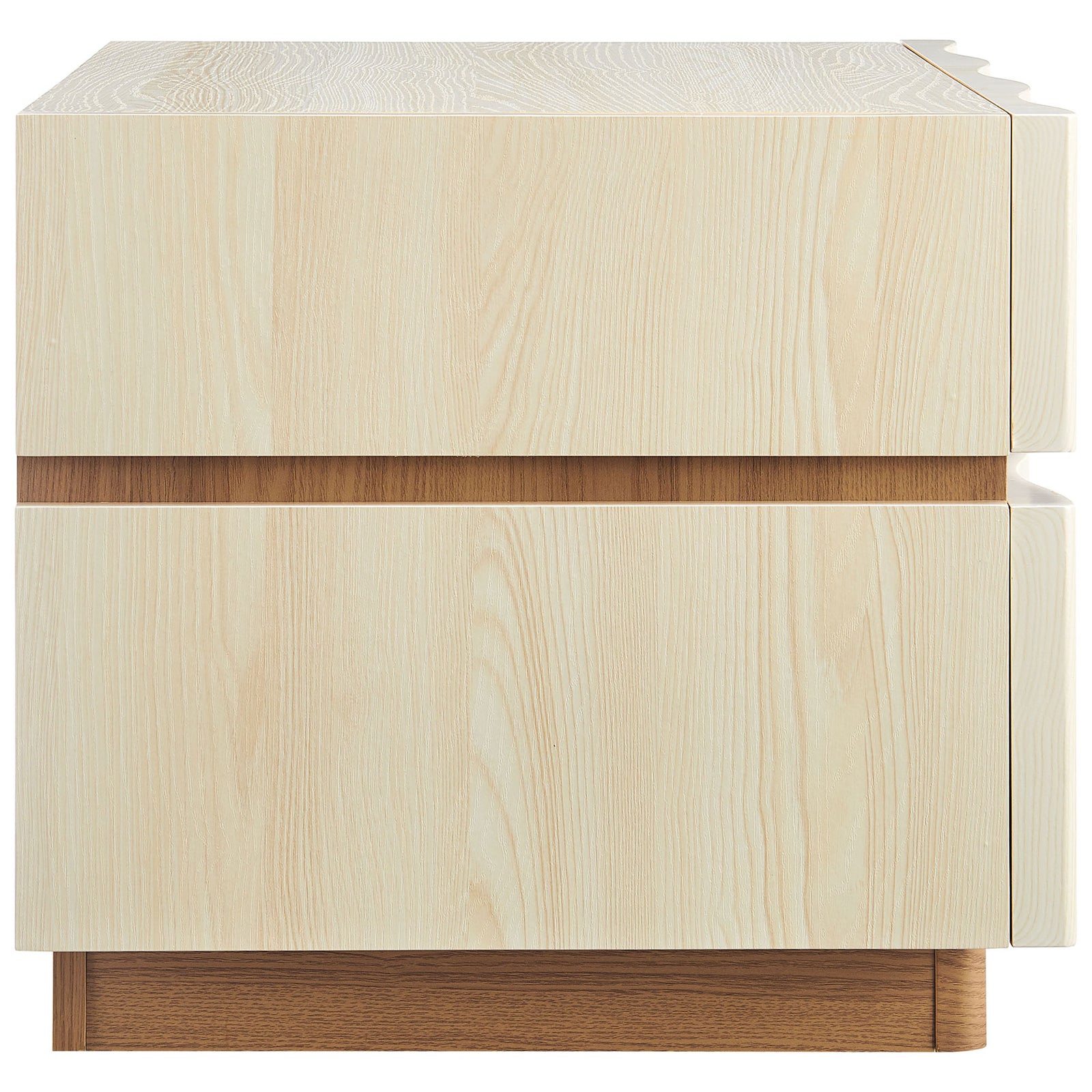 Light oak nightstand with smooth paneled sides and a recessed warm wood base for a grounded look. || MOD-7243-WHI-LOA || side_studio