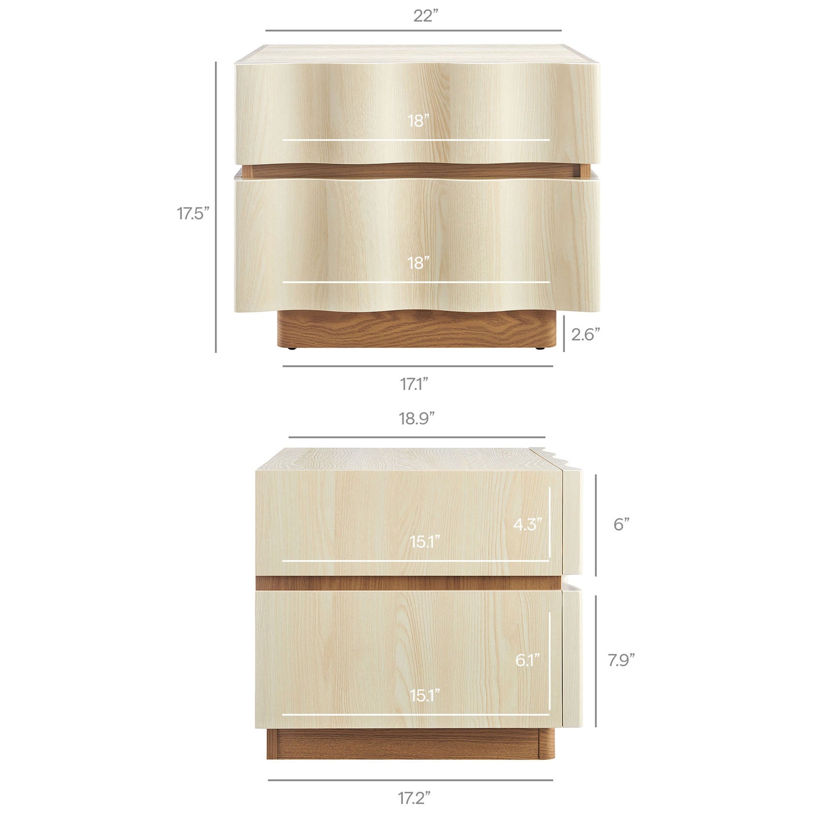 Dimension graphic of the Isola nightstand showing overall height, width, depth, and interior drawer measurements. || MOD-7243-WHI-LOA || dimension_studio