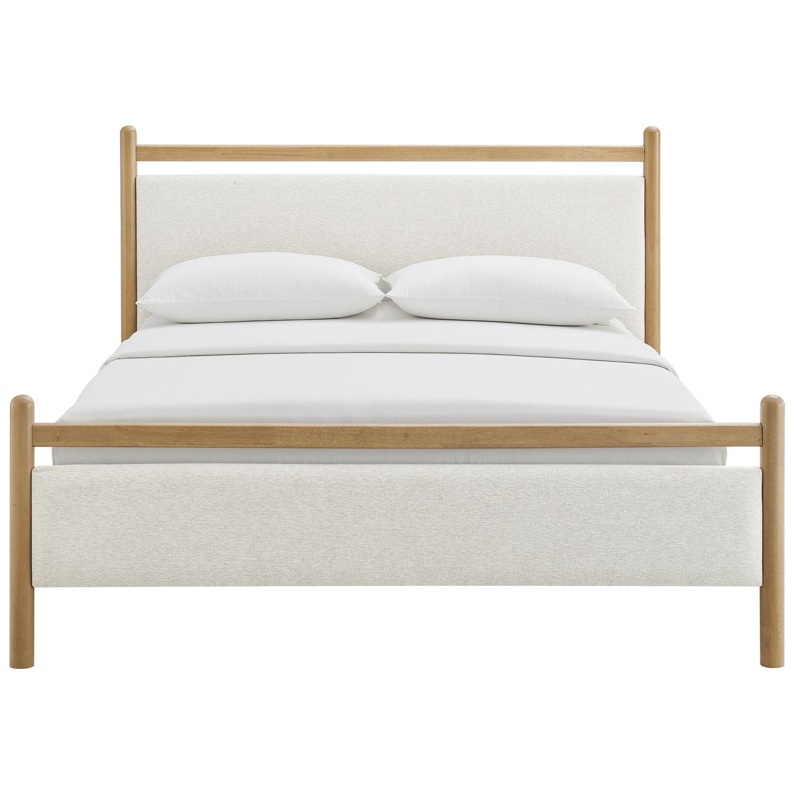 Cushioned headboard and footboard in heathered ivory framed by rounded light oak posts and rail || MOD-7248-LOA-HEI || front_studio