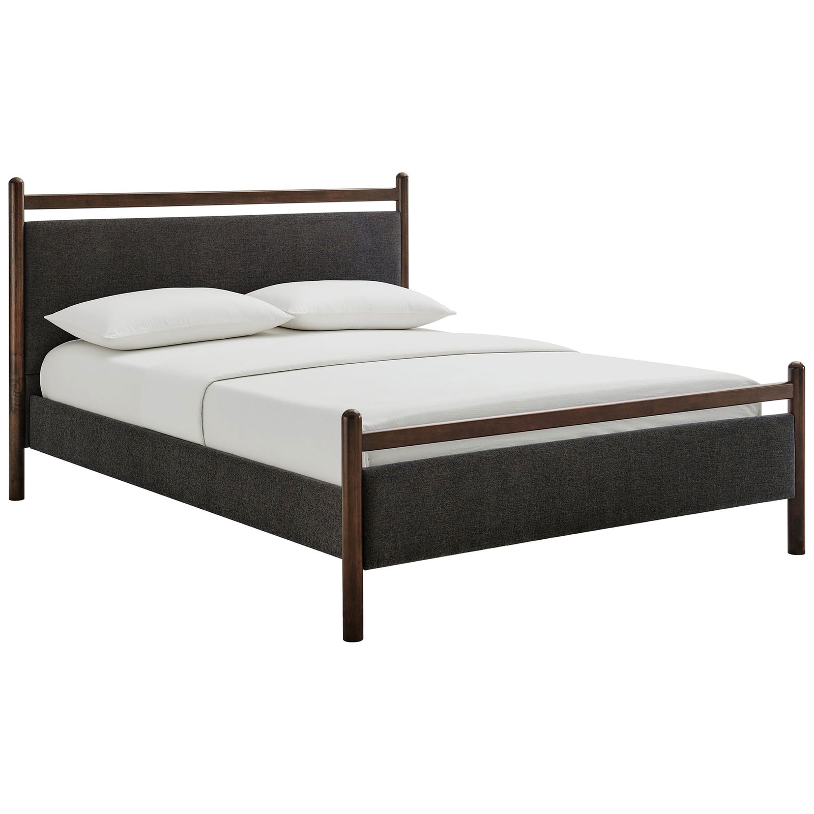 Streamlined platform bed pairs a wenge wood frame with a padded heathered dark gray headboard and footboard || MOD-7248-WEN-HDG || front_angle_studio