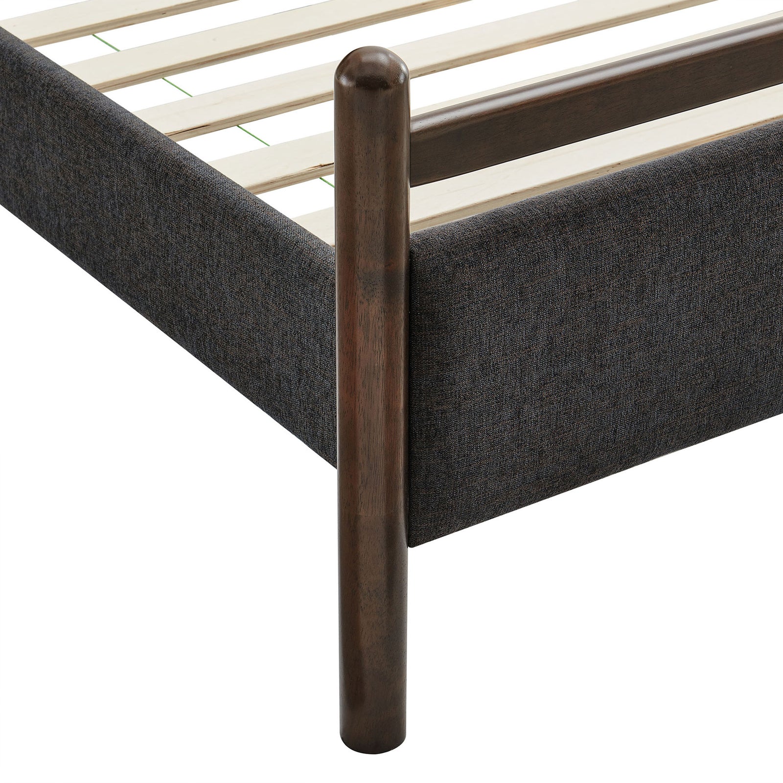 Rounded solid wood post and upholstered footboard deliver a sturdy, softly contoured foundation || MOD-7248-WEN-HDG || leg_studio