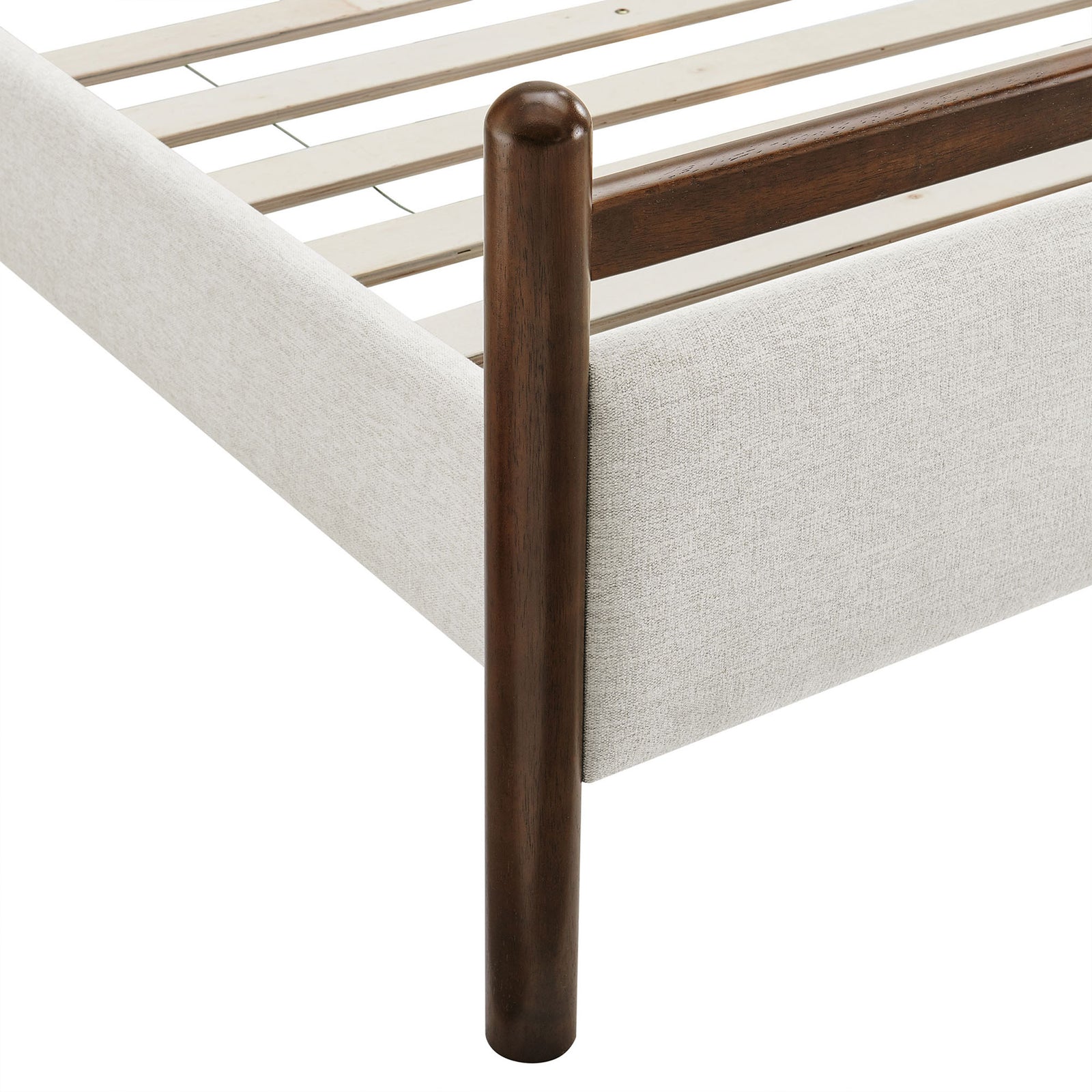 Sturdy rounded wood post and upholstered footboard corner with neatly tailored seams || MOD-7248-WEN-HEI || leg_studio