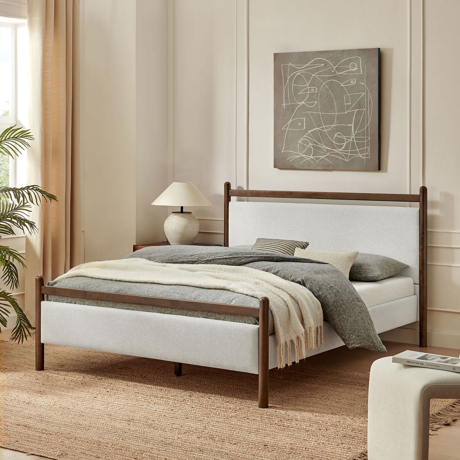 Inviting modern platform bed in heathered ivory with rich wood accents for an effortlessly styled bedroom || MOD-7248-WEN-HEI || front_angle_room