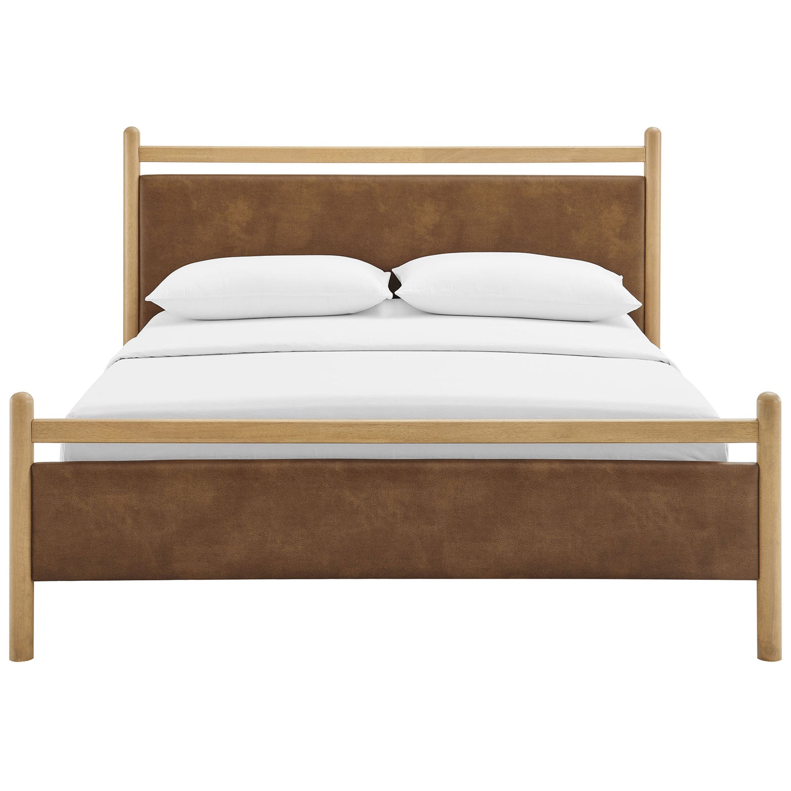 Padded vegan leather headboard and footboard framed by rounded light wood rails || MOD-7249-LOA-CYN || front_studio