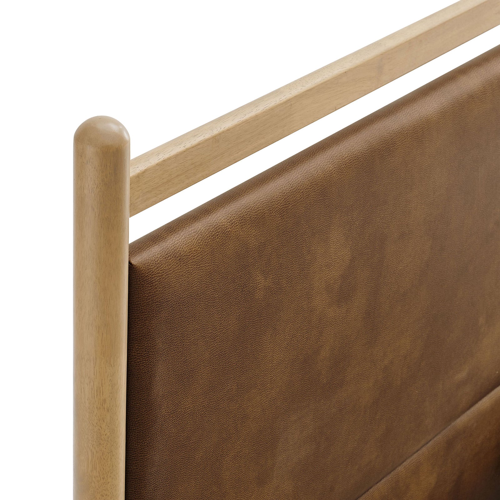 Softly textured vegan leather headboard capped by a smooth solid wood rail || MOD-7249-LOA-CYN || detail_studio