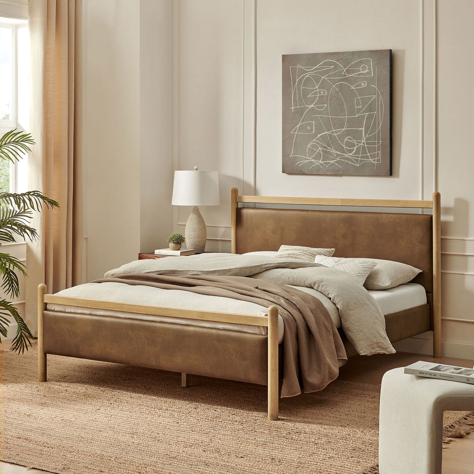 Warm, modern bedroom scene featuring the vegan leather platform bed with airy wood frame || MOD-7249-LOA-CYN || front_angle_room
