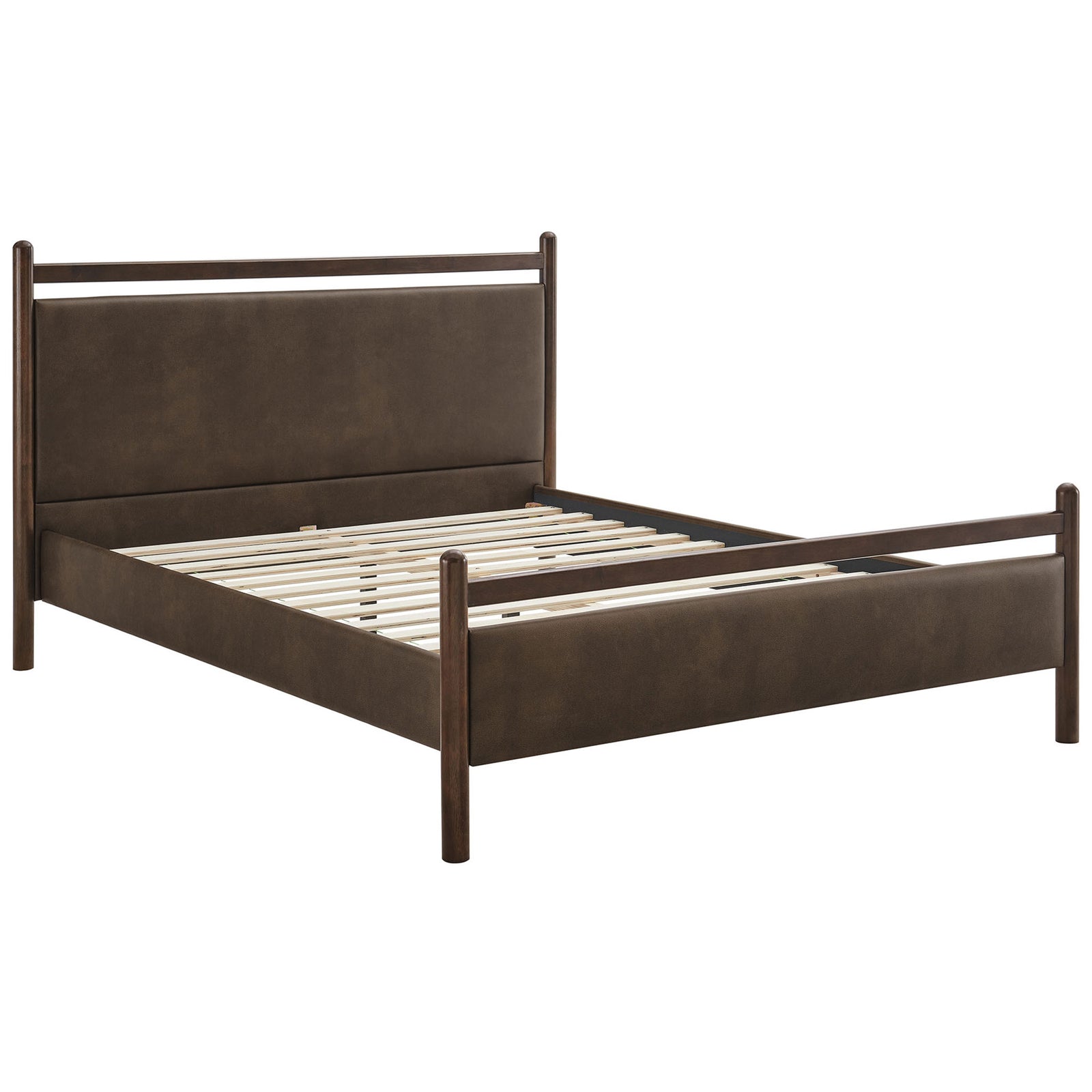 Clean-lined platform bed with padded vegan leather panels and wood frame, showcasing sturdy slat support || MOD-7249-WEN-MUS || front_angle_studio