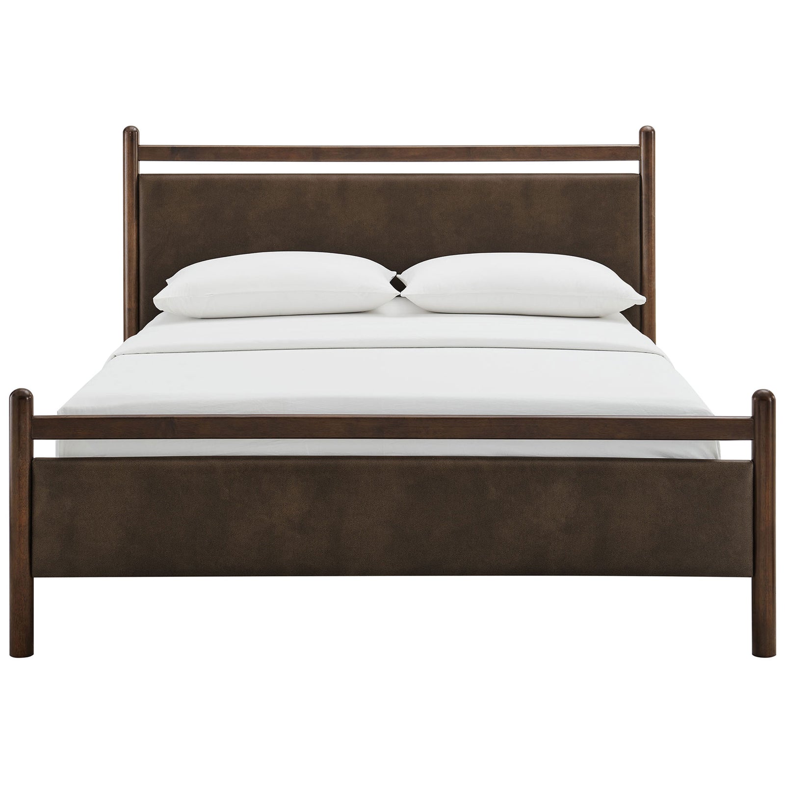 Padded headboard and footboard in mushroom vegan leather framed by rounded solid wood posts || MOD-7249-WEN-MUS || front_studio