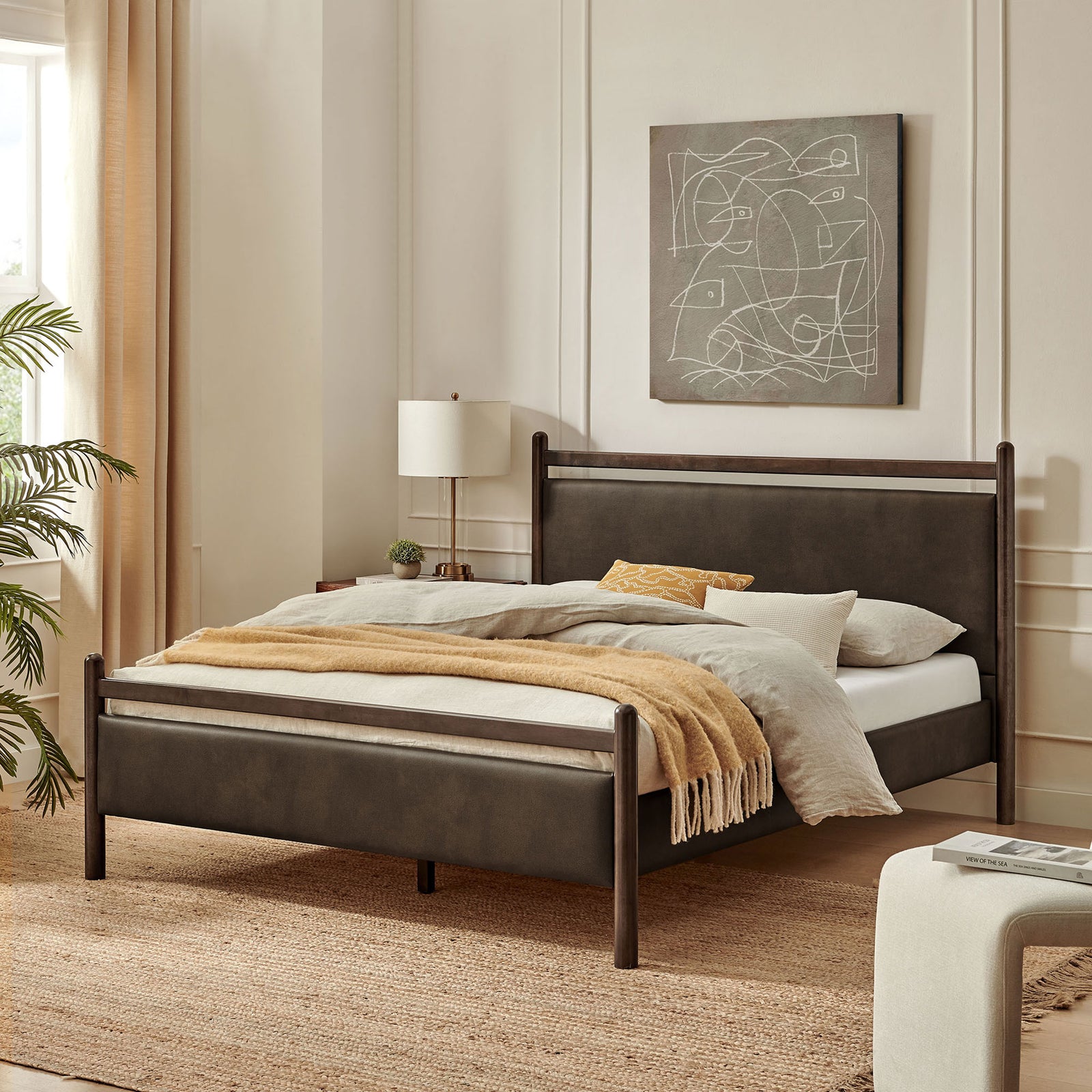 Modern platform bed with padded panels, solid wood frame, and supportive slats for mattress-only setup || MOD-7249-WEN-MUS || front_angle_room