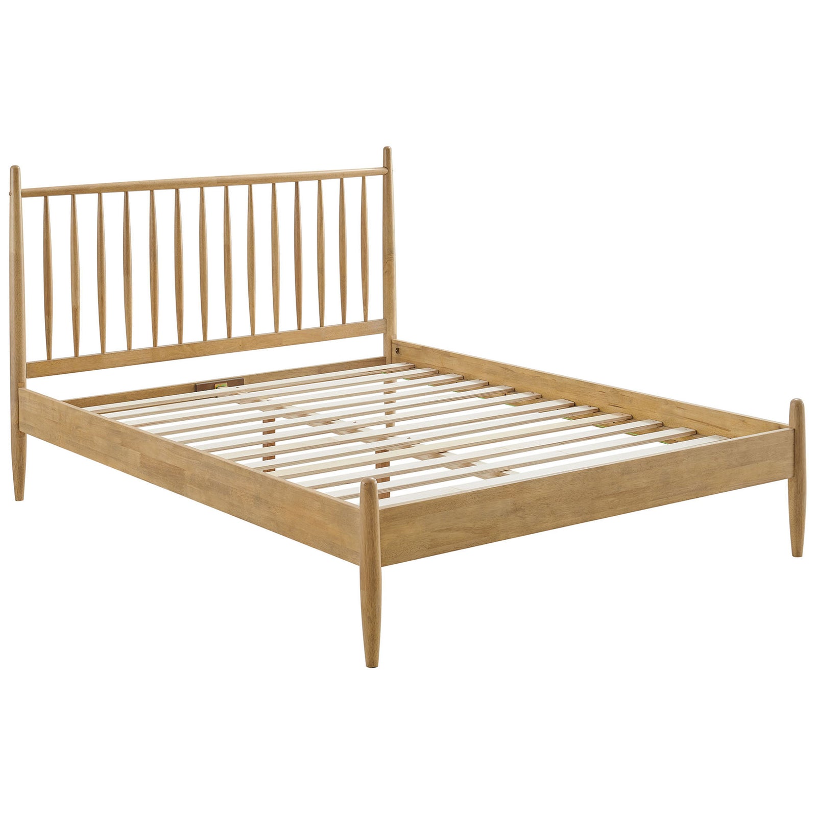 Open-profile platform bed in light oak with rounded posts and evenly spaced wood slats for support || MOD-7303-LOA || front_angle_studio