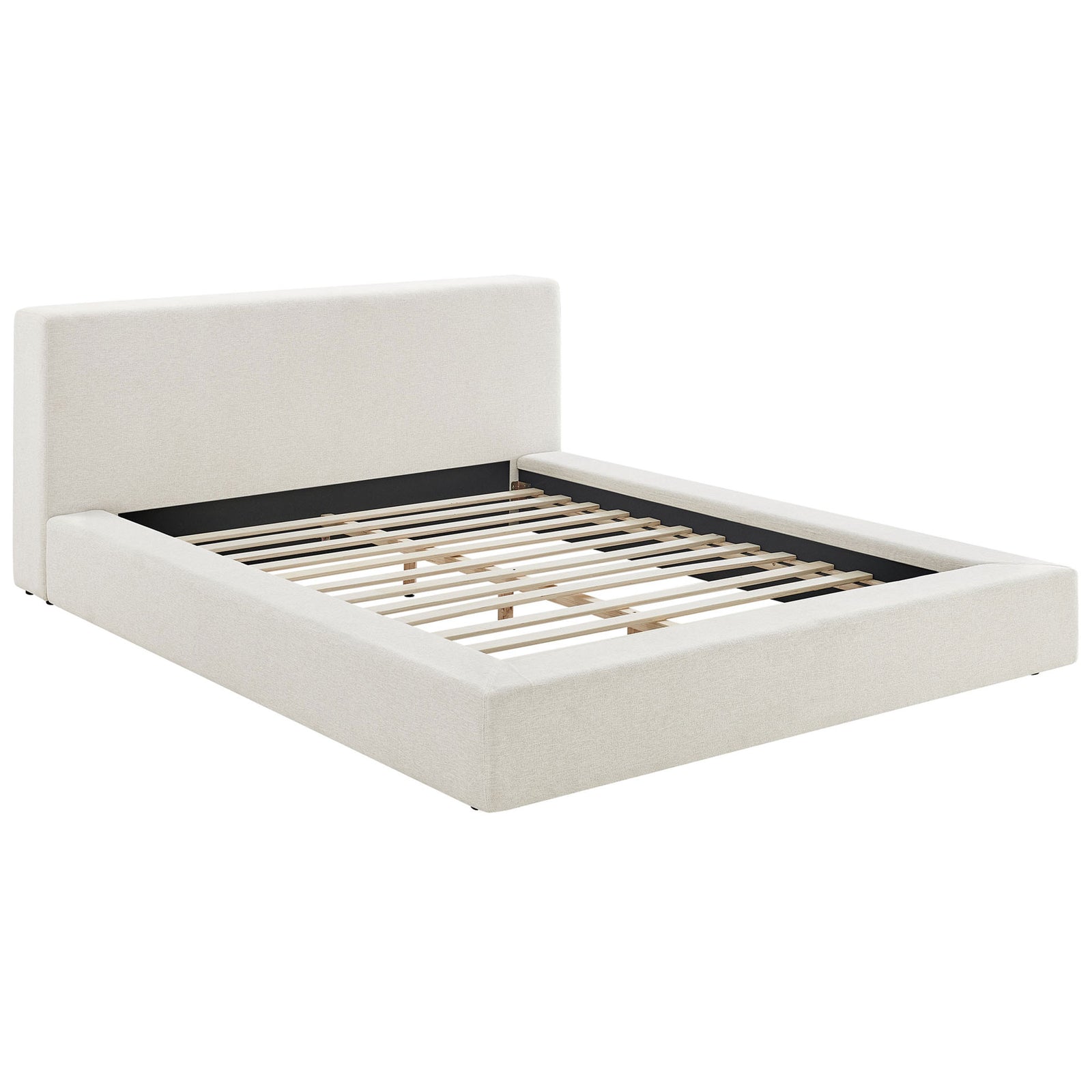 Cozy chenille platform bed with rounded corners and wood slat support in soft ivory || MOD-7305-HEI || front_angle_studio