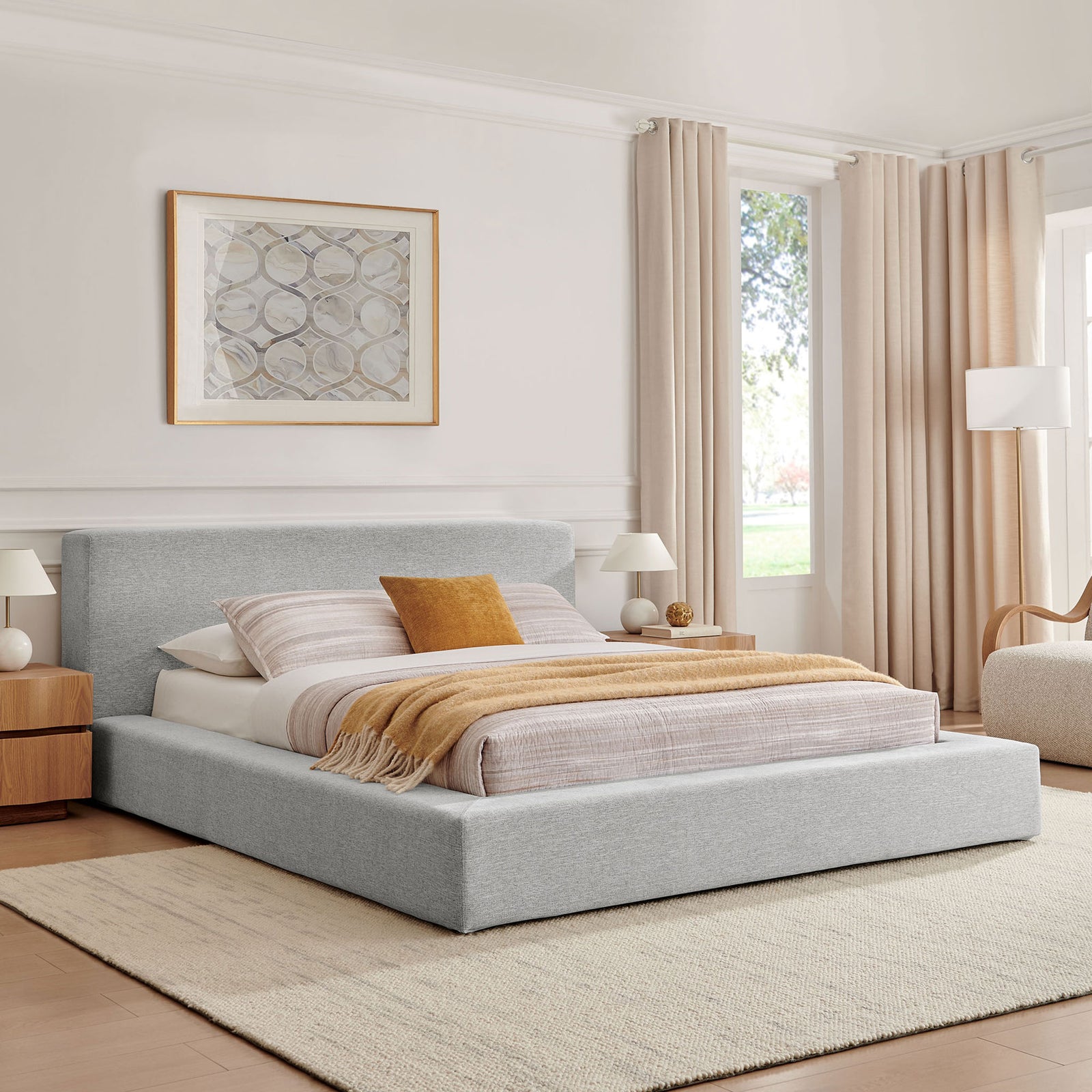 Inviting low-profile platform bed that anchors the room with its wrapped, cushioned frame. || MOD-7305-HLG || front_angle_room