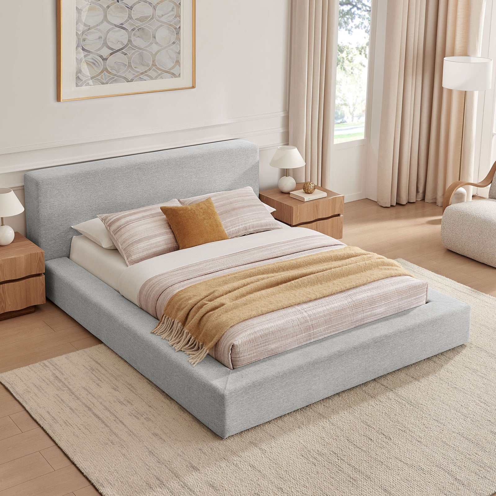 Expansive padded base and clean lines deliver a serene, contemporary bed design. || MOD-7305-HLG || top_angle_room