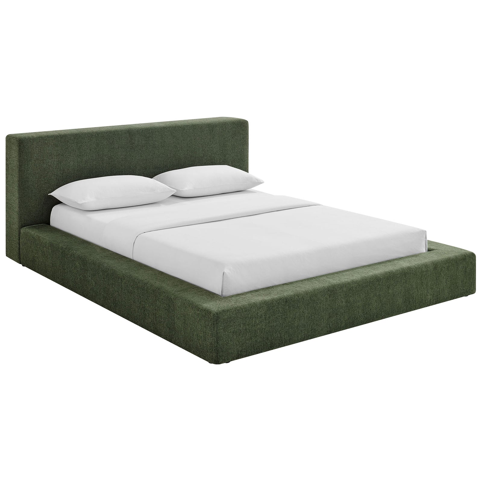 Plush chenille platform bed with tall padded headboard and bumper-style frame in eucalyptus green || MOD-7307-EUC || front_angle_studio