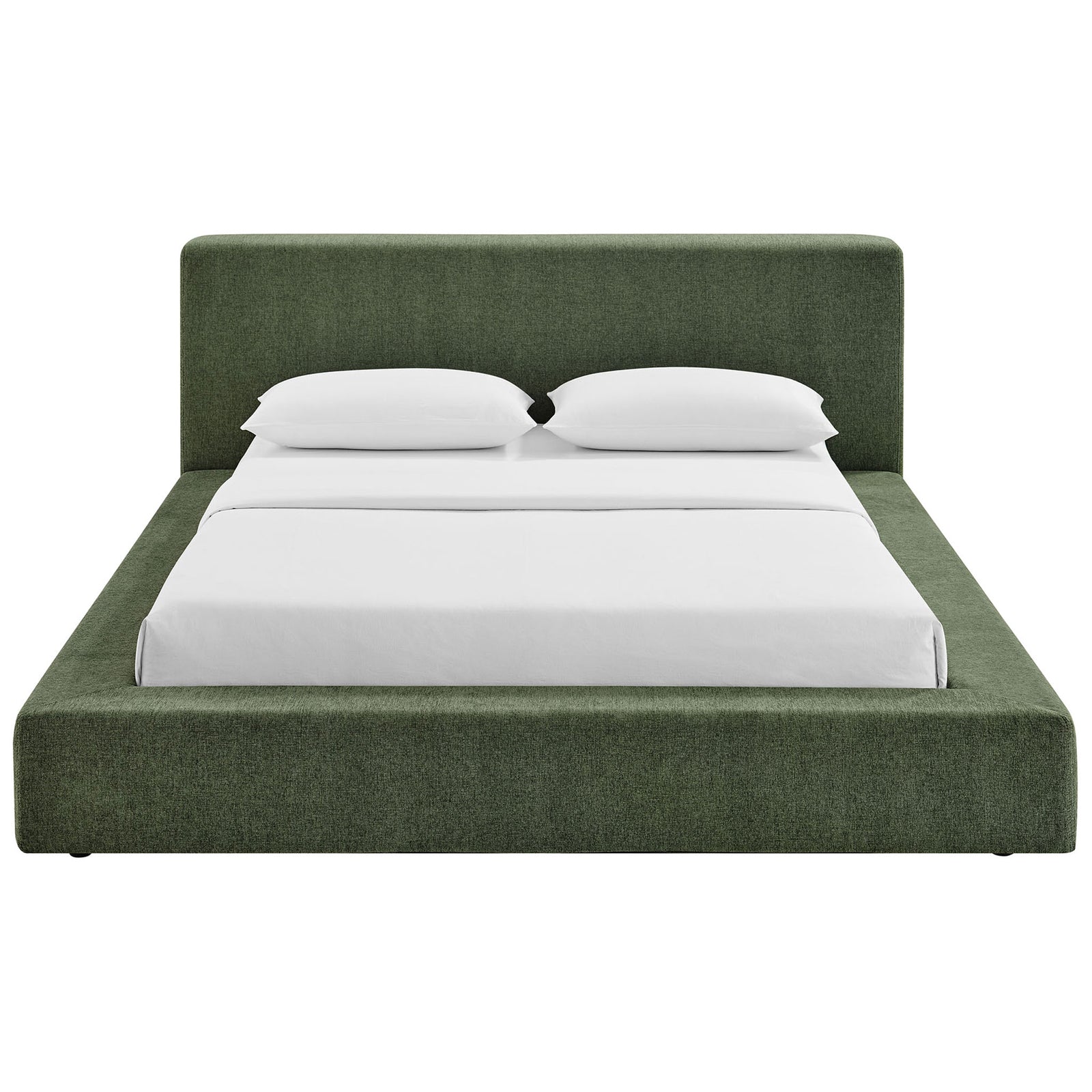 Tall cushioned headboard and wide padded base create a cozy, modern platform bed || MOD-7307-EUC || front_studio