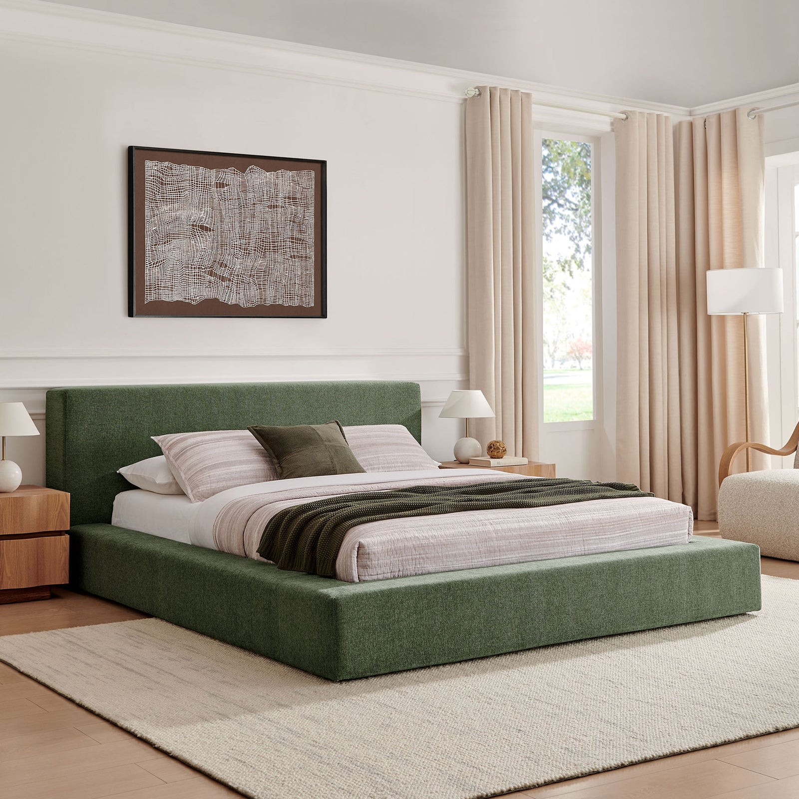 Modern platform bed anchors the room with padded frame and inviting chenille upholstery || MOD-7307-EUC || front_angle_room