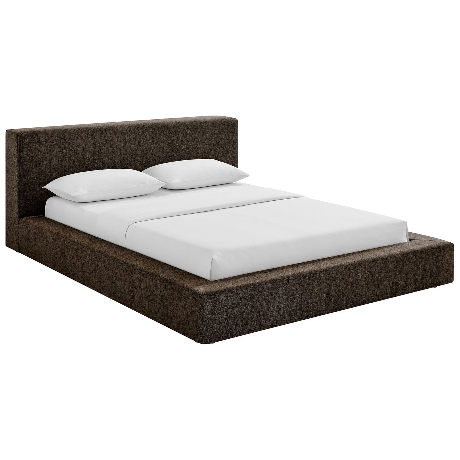 Upholstered platform bed with plush headboard and smooth bumper-style rails in java chenille || MOD-7307-JAV || front_angle_studio