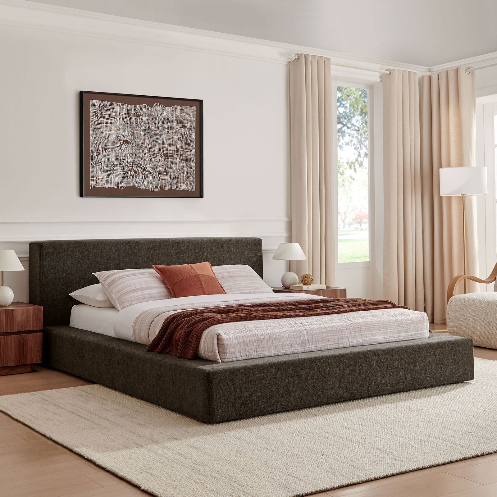 Inviting low-profile bed in warm java chenille brings modern comfort to the bedroom || MOD-7307-JAV || front_angle_room