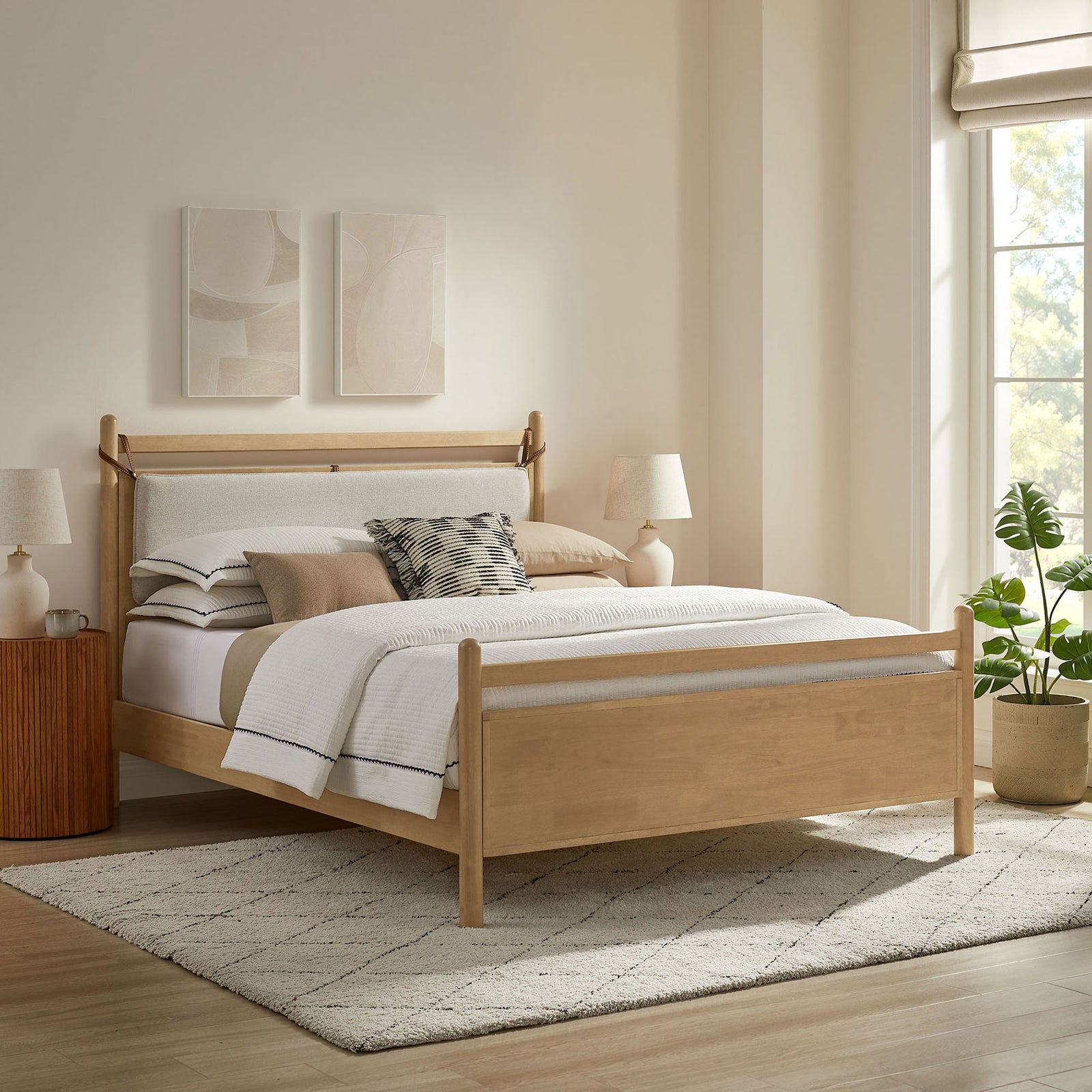 Warm light oak frame and cushioned headboard bring relaxed style to the bedroom || MOD-7313-LOA-HEI || front_angle_room