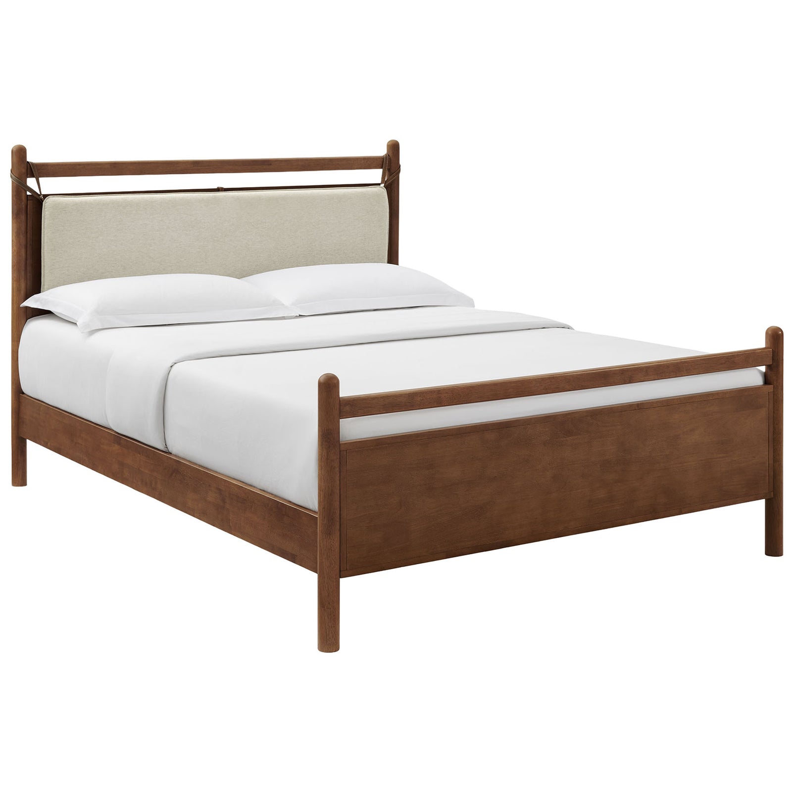 Solid wood platform bed with cushioned heathered headboard and rounded posts in warm walnut || MOD-7313-WAL-HEI || front_angle_studio