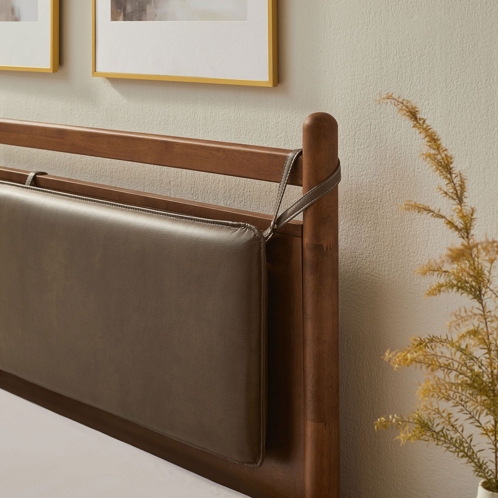 Plush vegan leather headboard pillow adds soft support and elevates the wood frame || MOD-7314-WAL-MUS || detail_room