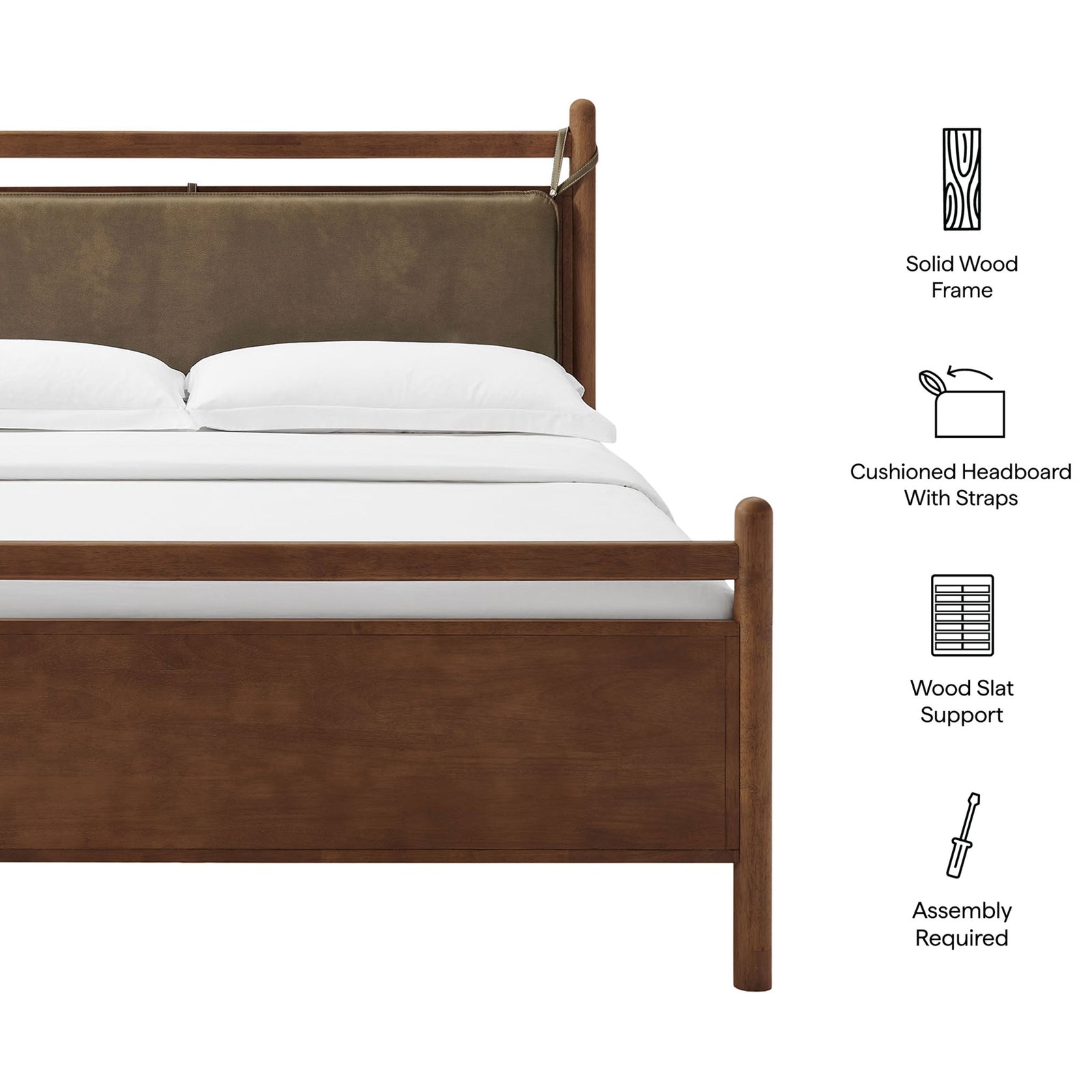 Solid wood frame, cushioned headboard with vegan leather straps, and slat support for easy assembly || MOD-7314-WAL-MUS || callout_studio