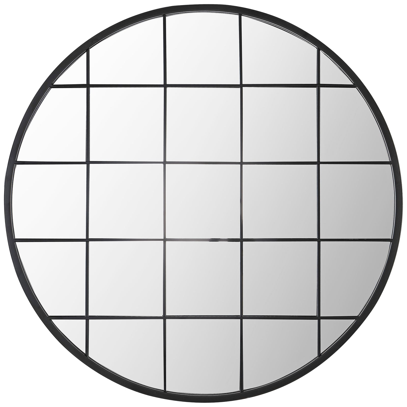 Round mirror with a black frame and geometric grid overlay || MRR1038A || front_studio