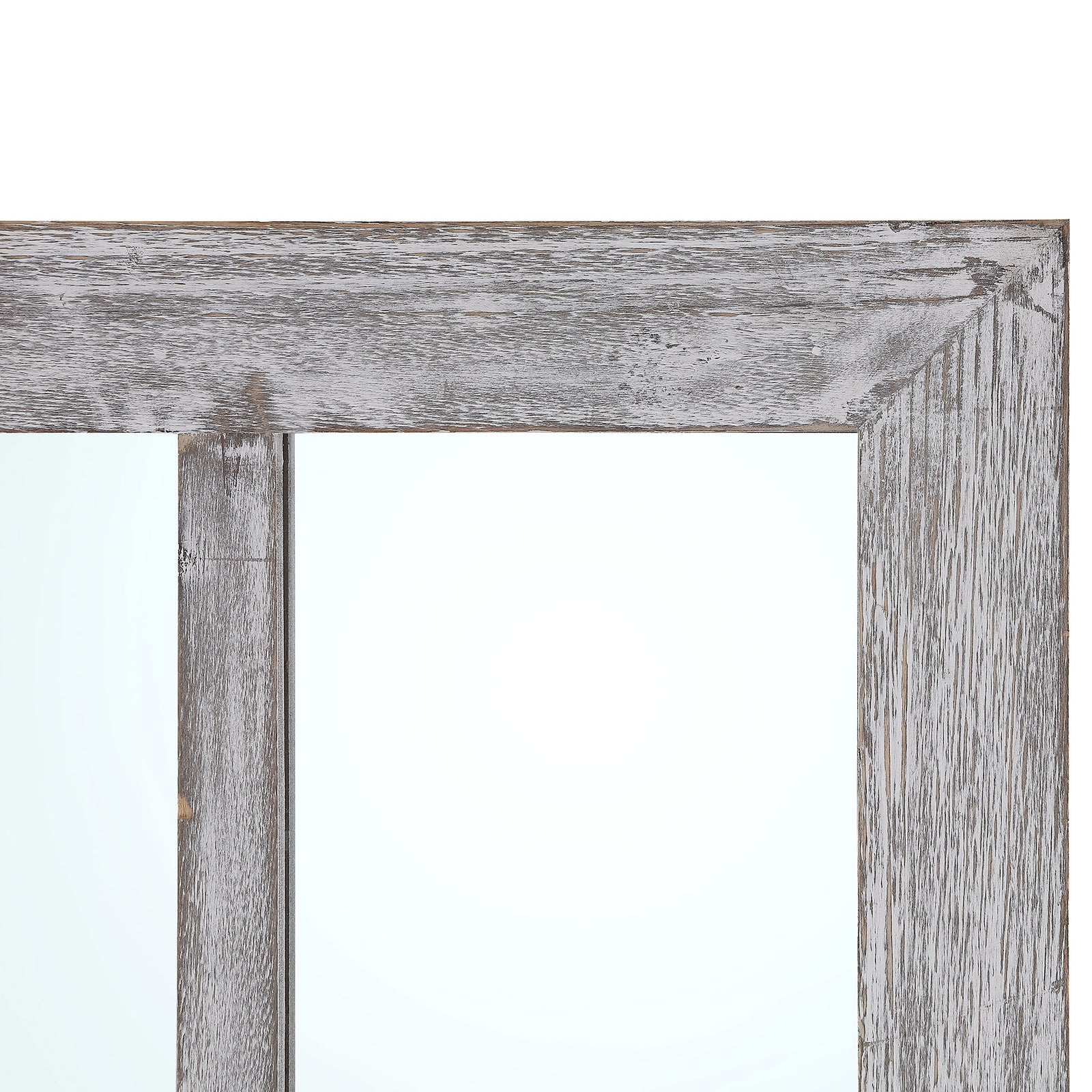 Distressed gray wood grain gives the windowpane mirror a rustic finish || MRR1039A || detail_studio