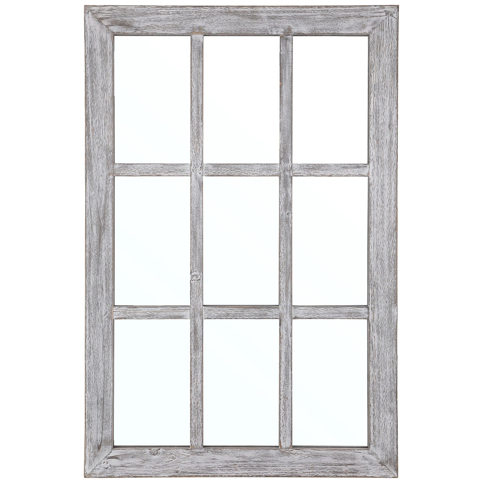 Nine mirrored panes in a weathered gray wood frame evoke a farmhouse window || MRR1039A || front_studio
