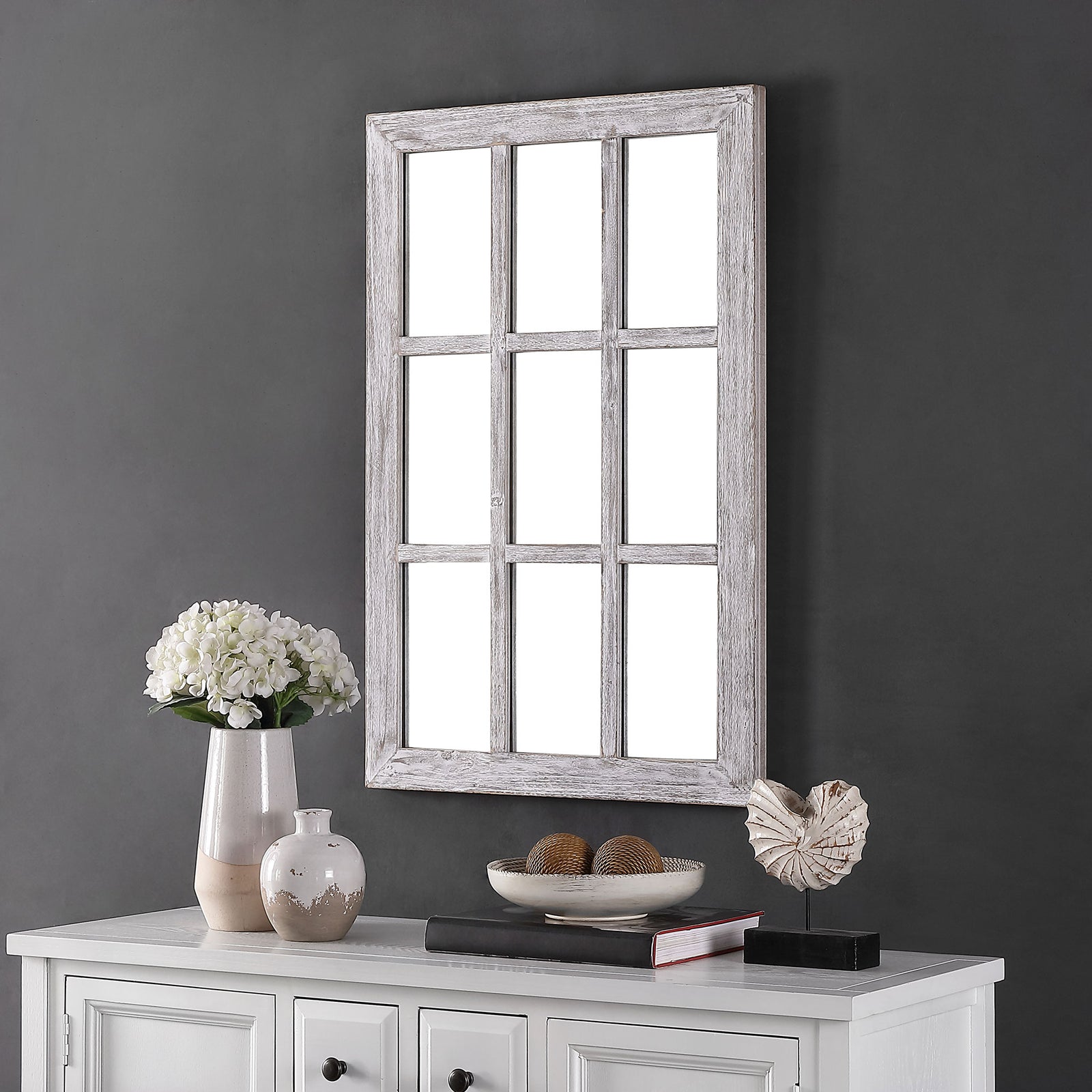 A weathered gray windowpane mirror adds rustic character above a white cabinet || MRR1039A || front_angle_room