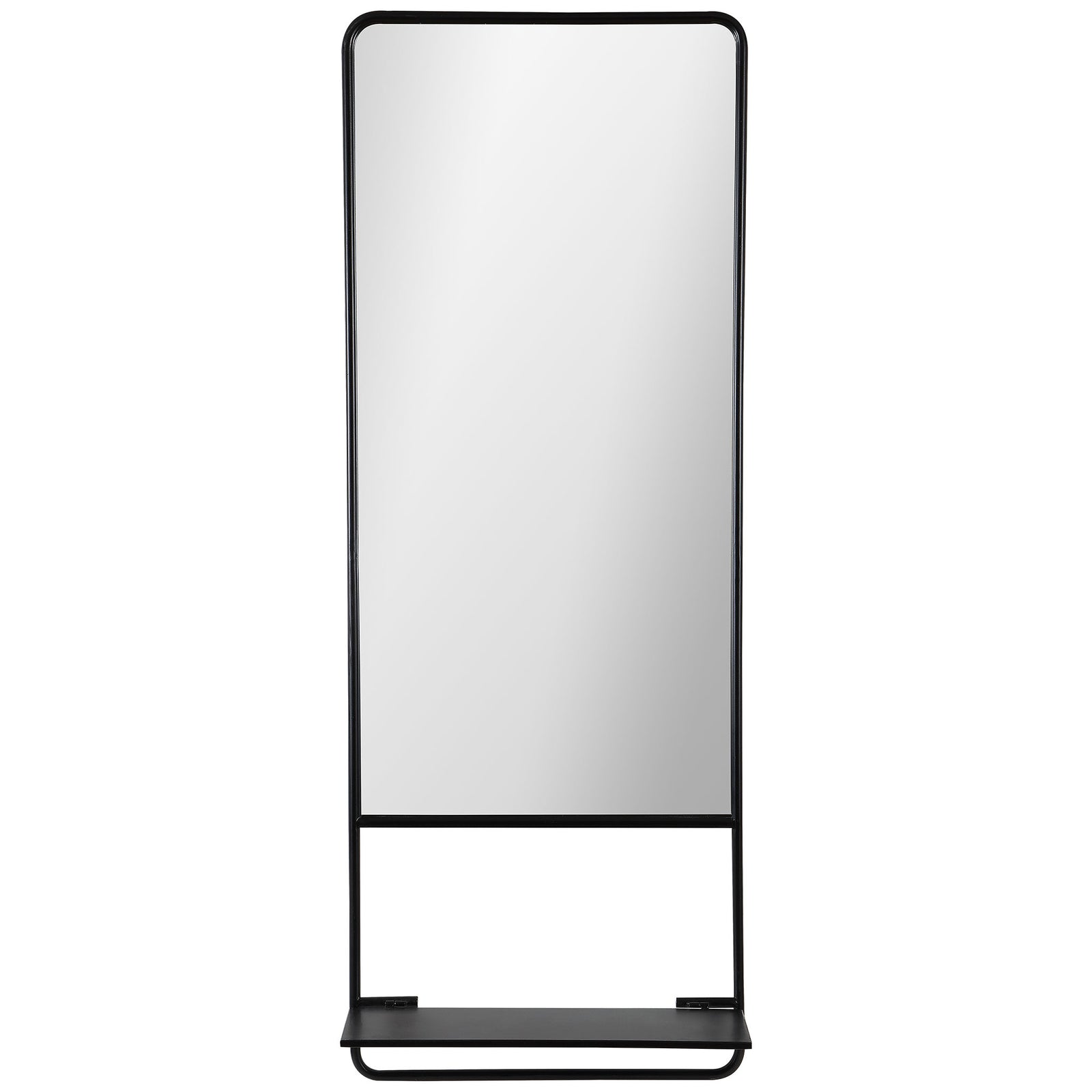 Tall wall mirror with rounded corners, a slim black frame, and an integrated display shelf. || MRR1041A || front_studio