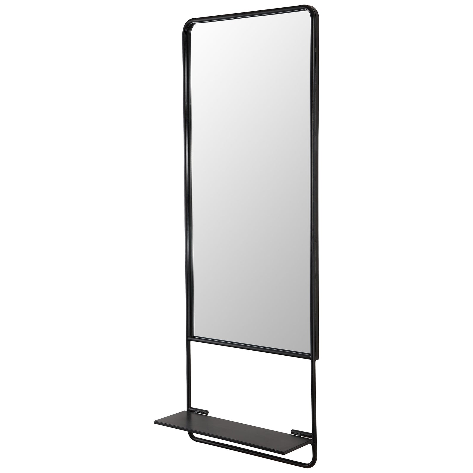 A slender black frame and shallow shelf add modern style and useful display space. || MRR1041A || front_angle_studio