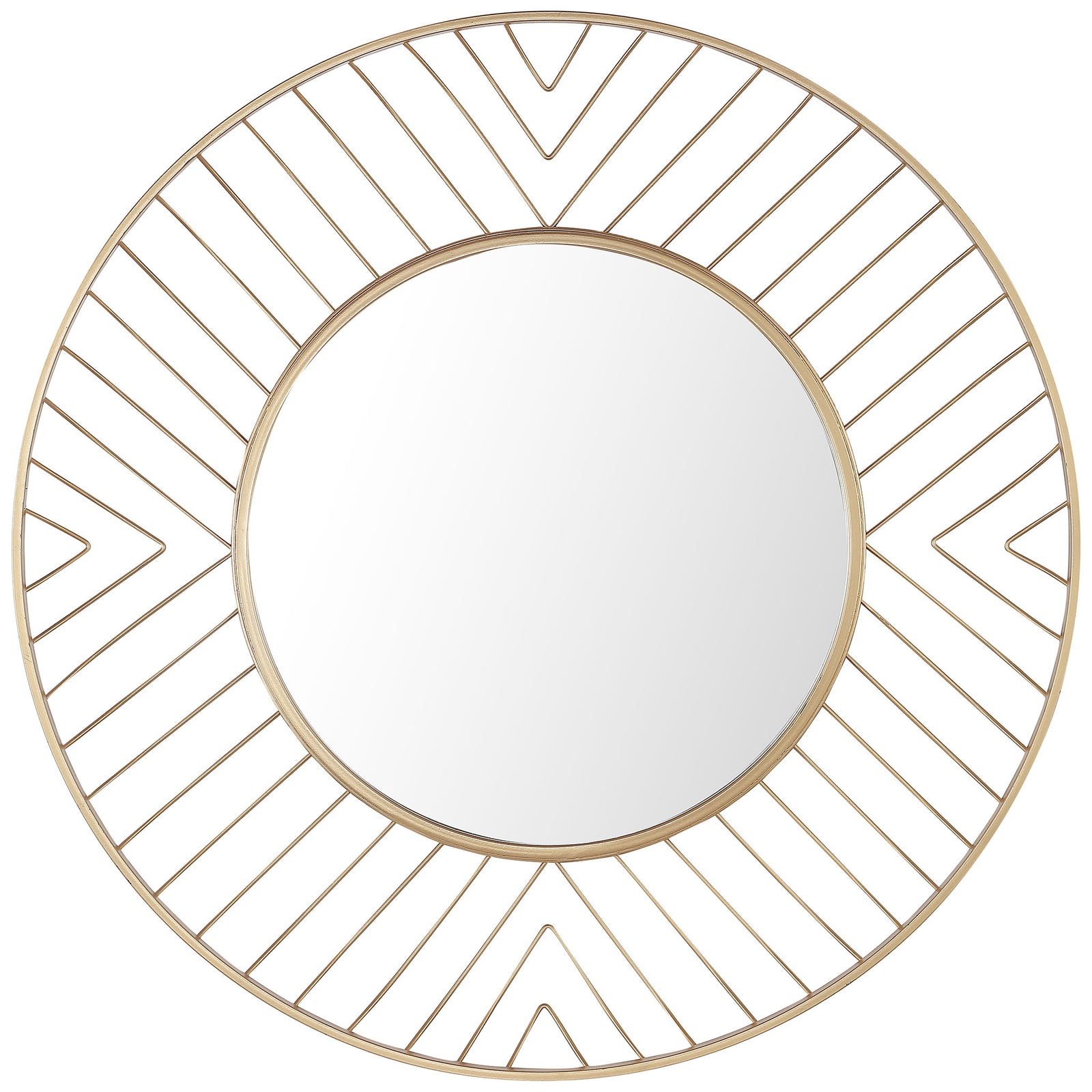Round wall mirror with a gold openwork frame and repeating geometric chevrons || MRR1046A || front_studio