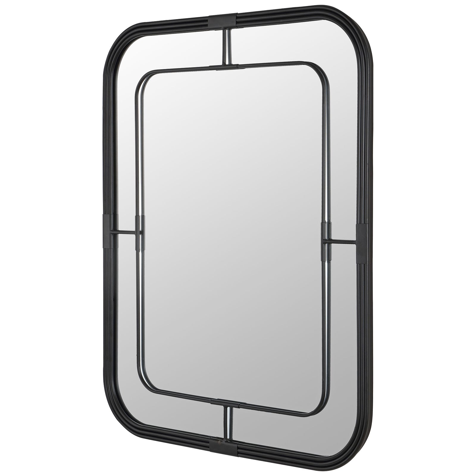 Slender supports connect the inner mirror to its rounded black outer frame for an airy look. || MRR1049A || front_angle_studio