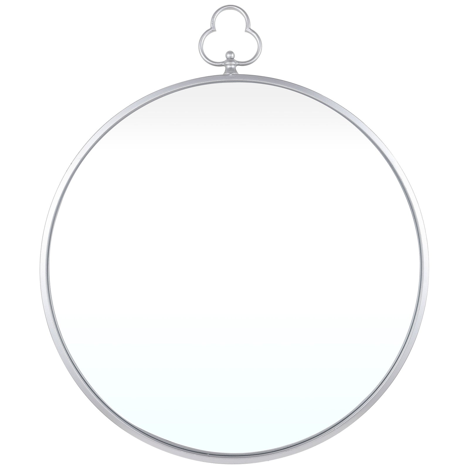 A round mirror shines within a slim silver frame topped with an open trefoil accent || MRR1050A || front_studio