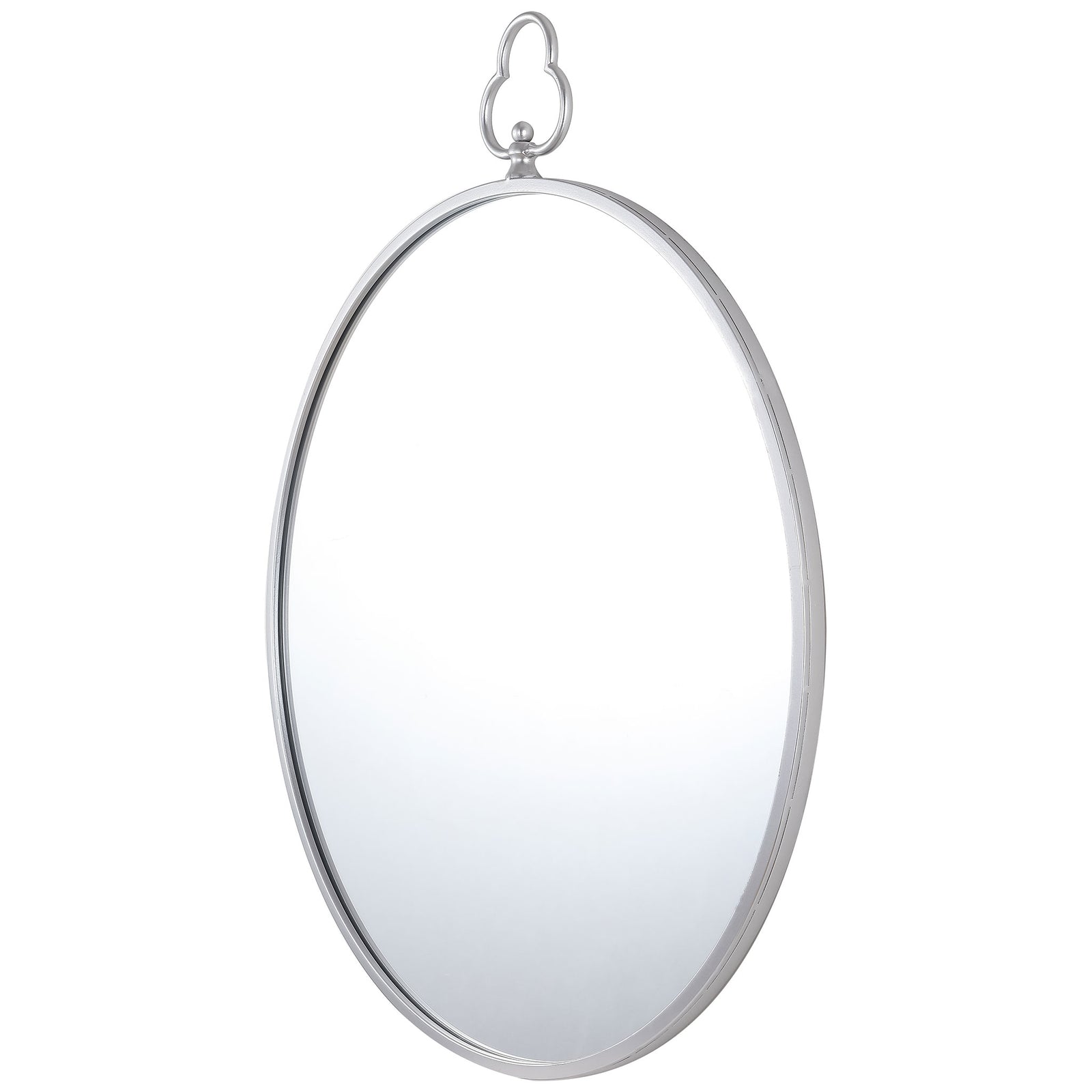 A narrow silver rim gives the round mirror a refined profile beneath its trefoil crest || MRR1050A || front_angle_studio