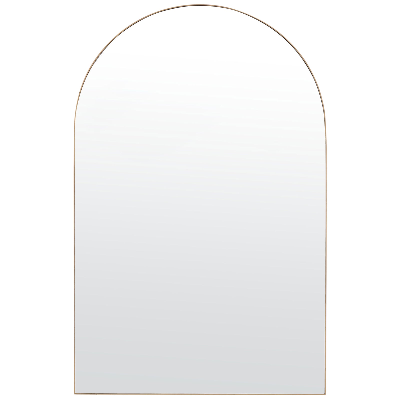 A slim gold frame outlines a tall mirror with clean lines and a softly rounded top || MRR1055A || front_studio