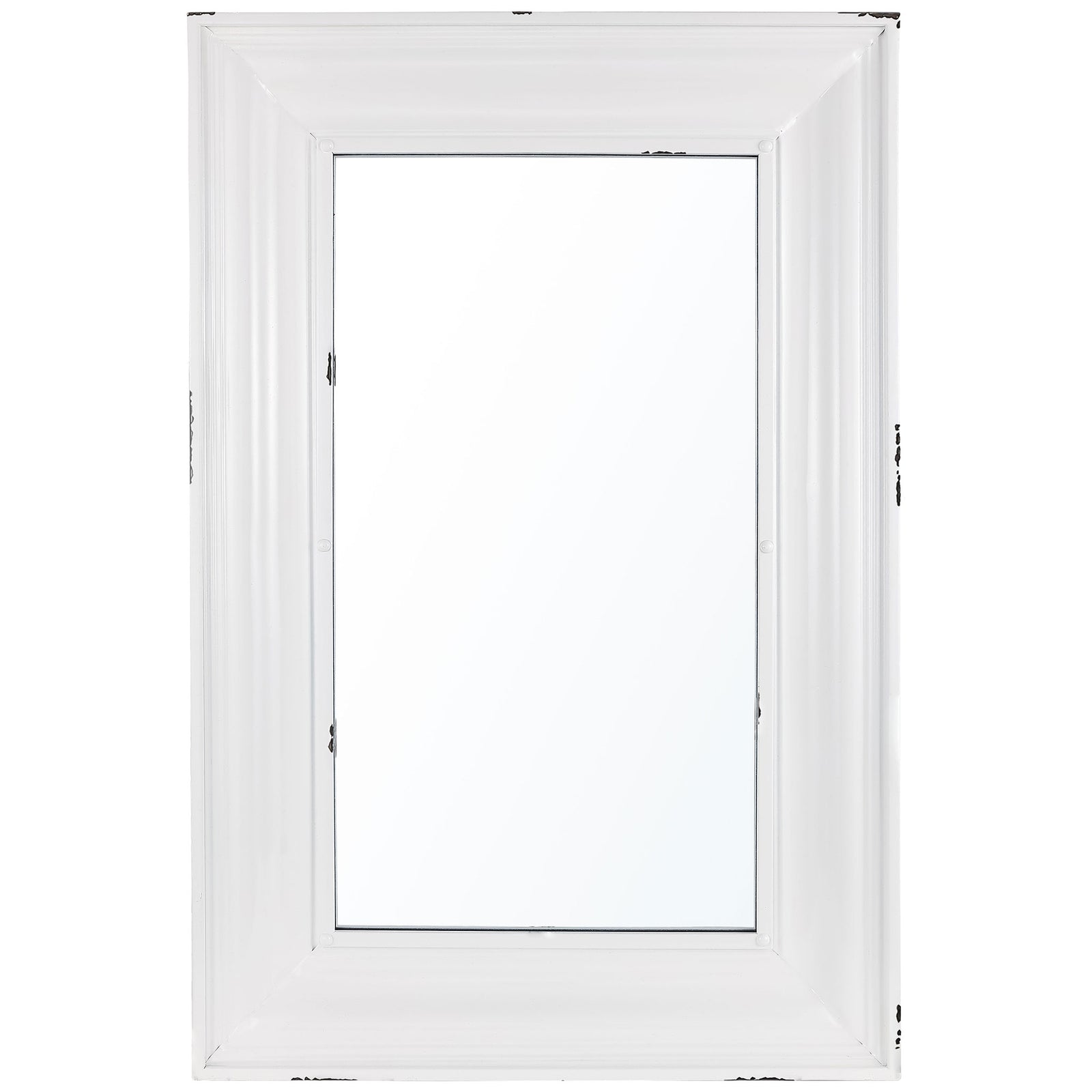 A tall rectangular mirror pairs a white paneled frame with softly distressed edges || MRR1059A || front_studio