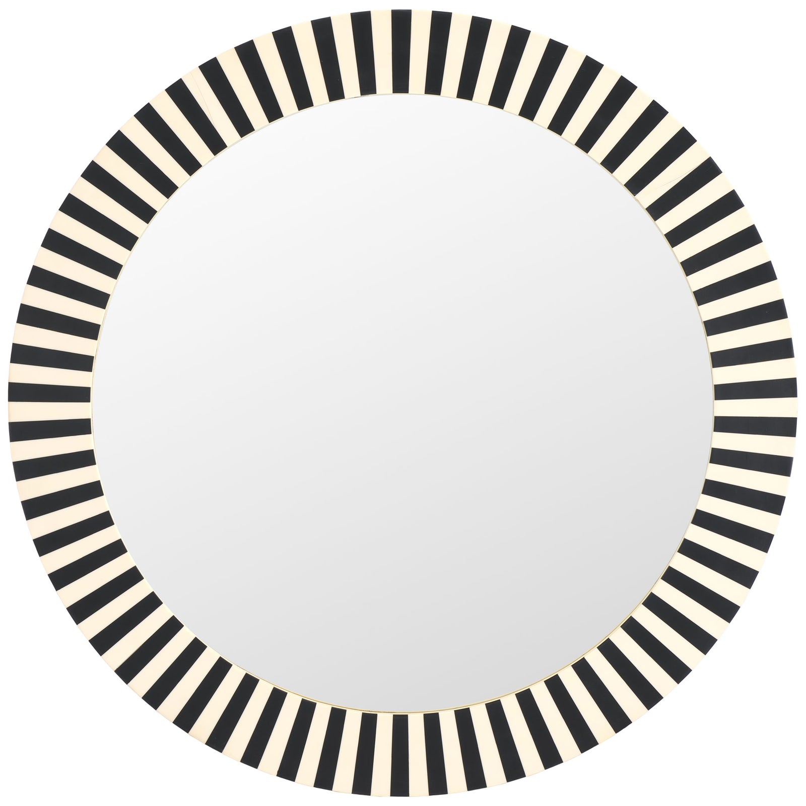 A wide striped frame surrounds the round mirror with a striking black-and-ivory pattern || MRR1500A || front_studio
