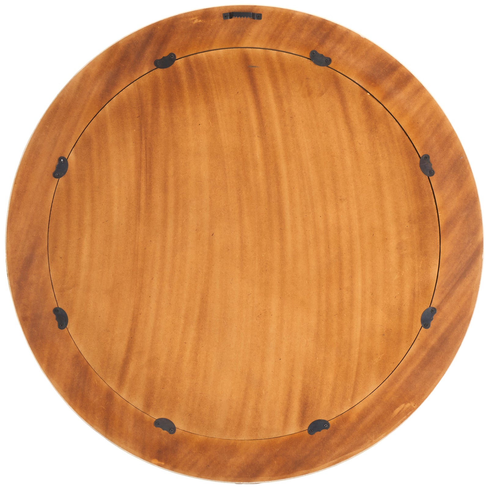 A warm brown backing and discreet metal hanger make the round mirror ready for wall display. || MRR1501A || back_studio