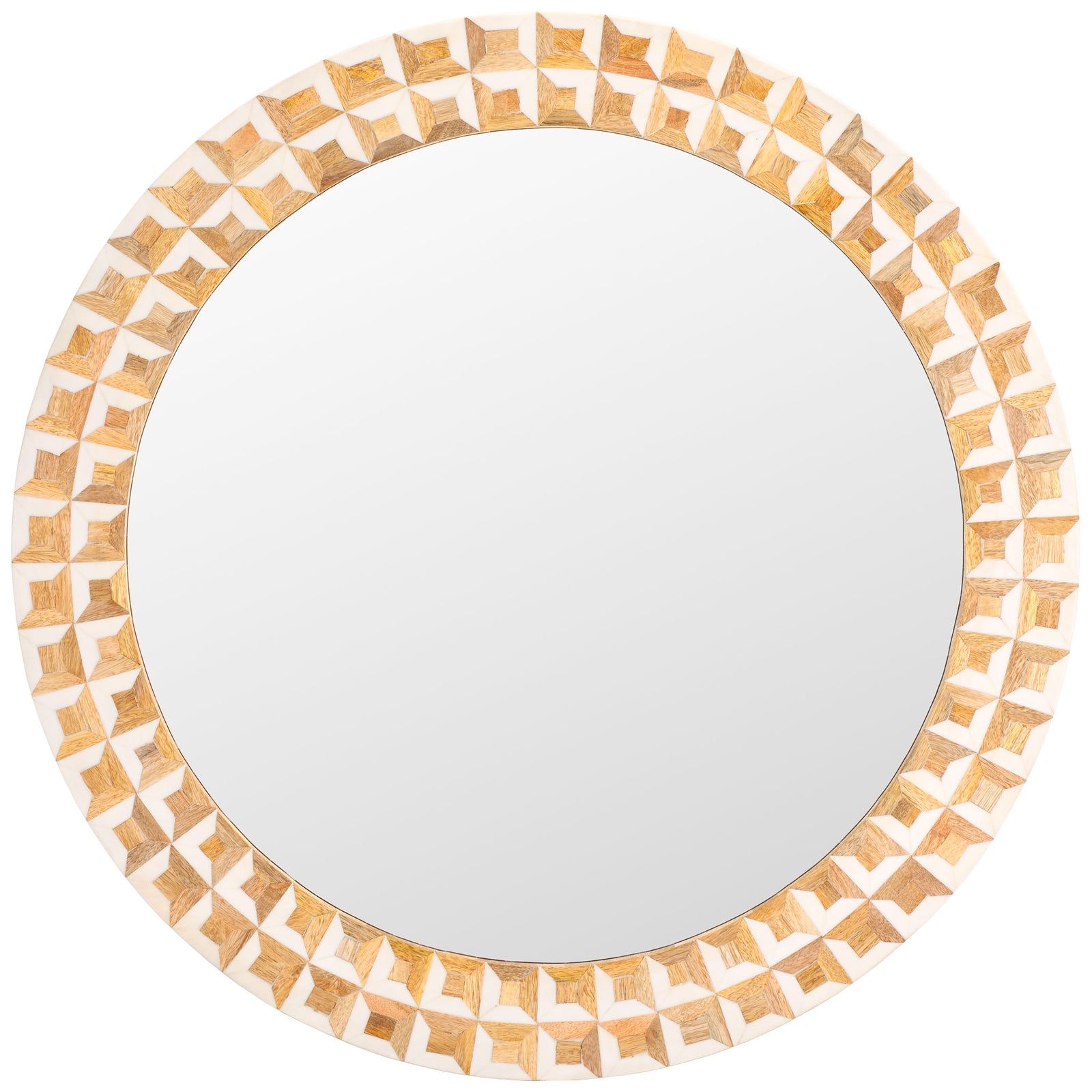 A round mirror is framed by geometric blocks in antique ivory and natural brown. || MRR1502A || front_studio