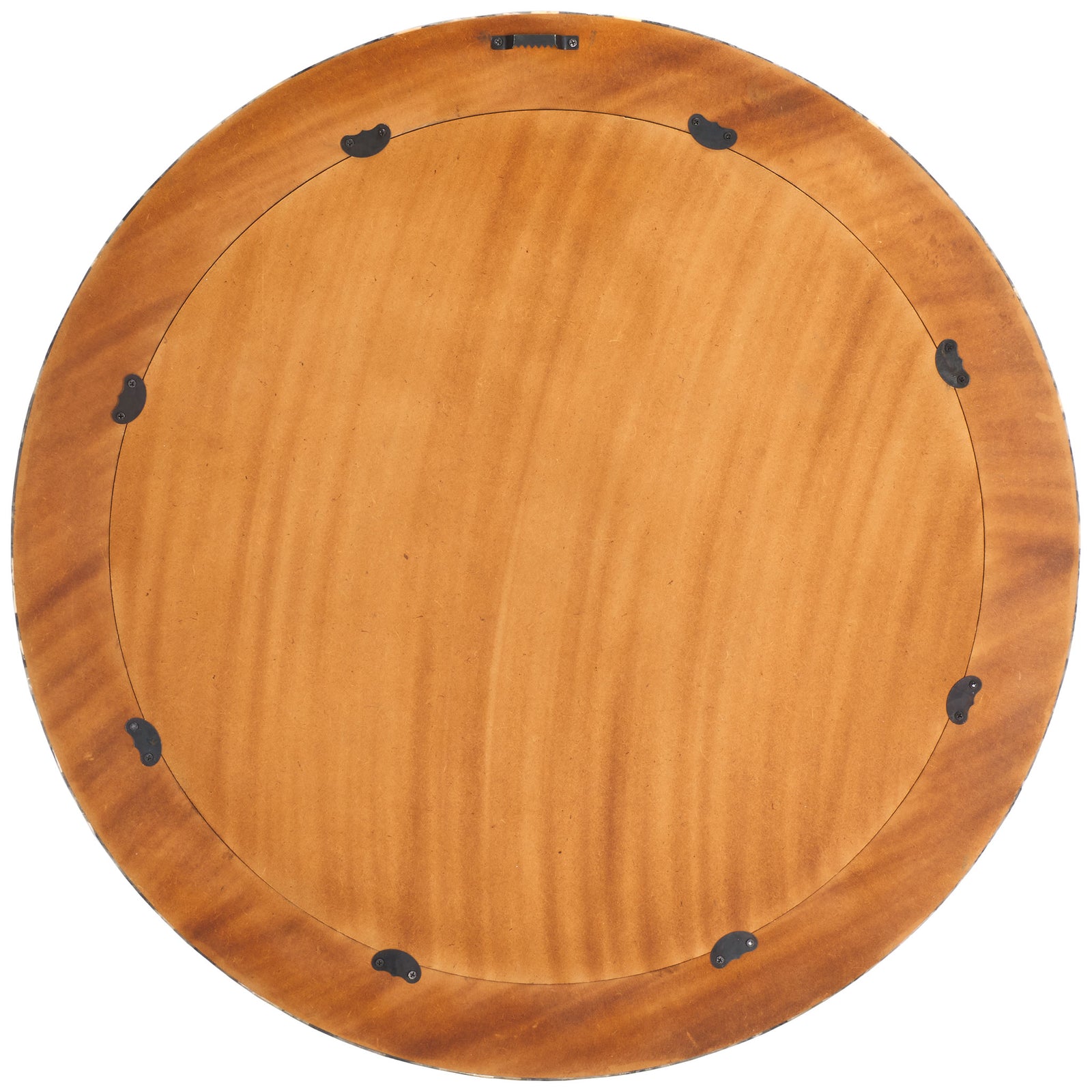 A wood-tone backing with a metal keyhole hanger keeps the round mirror ready for wall mounting. || MRR1503A || back_studio
