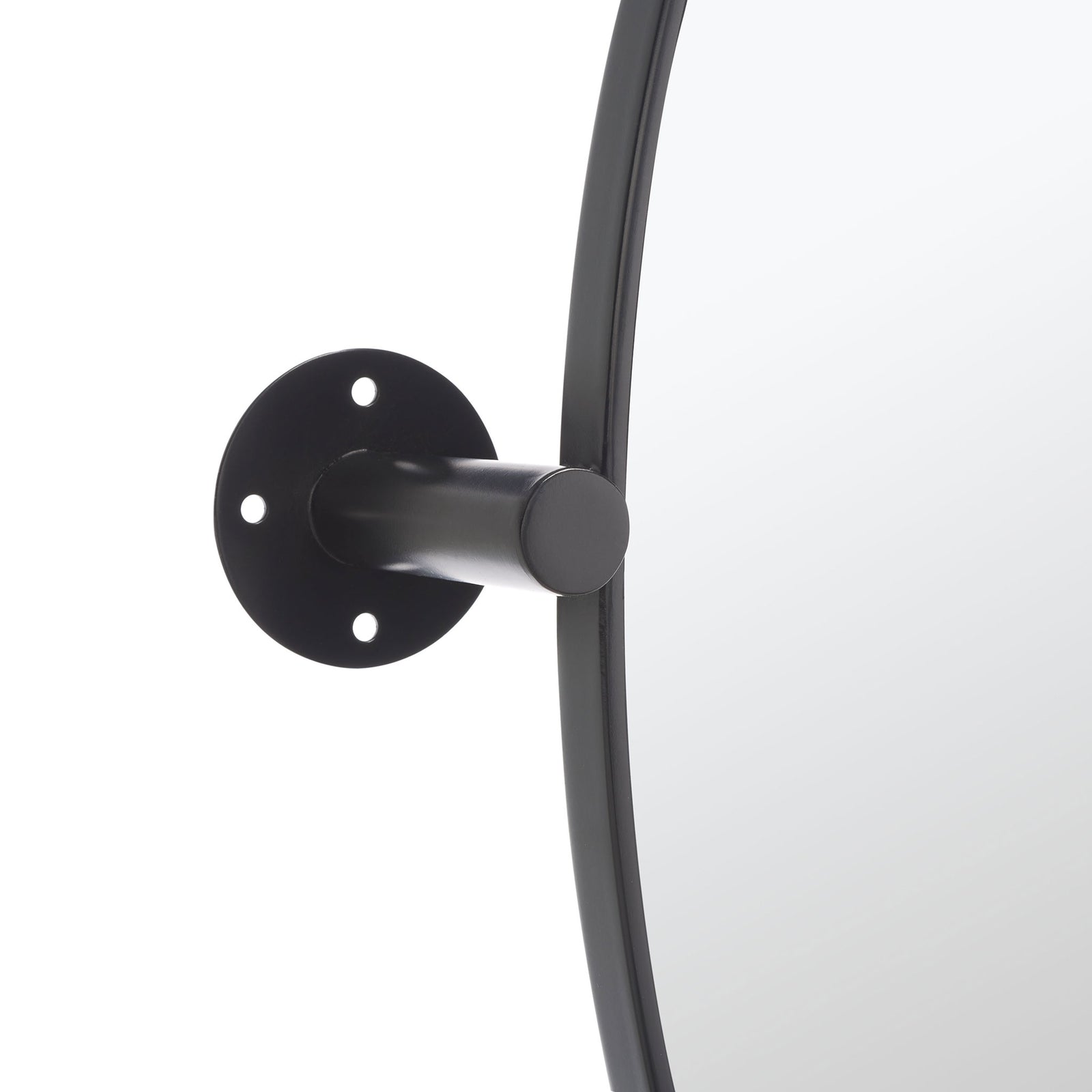 A black metal arm joins the mirror frame to a circular wall plate with three mounting holes || MRR2000B || detail_studio
