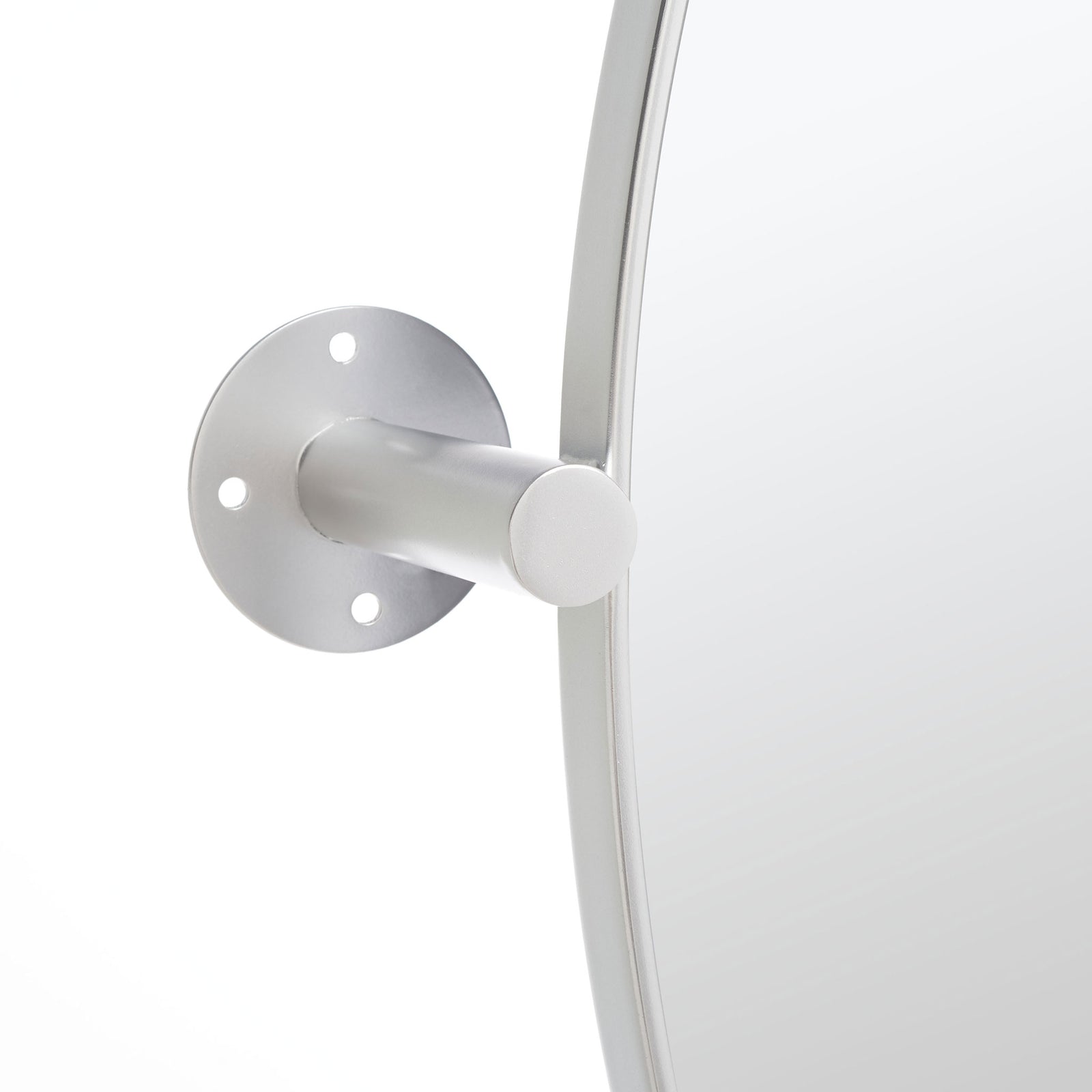 A silver metal arm joins the mirror frame to a circular wall plate with three mounting holes || MRR2000C || detail_studio
