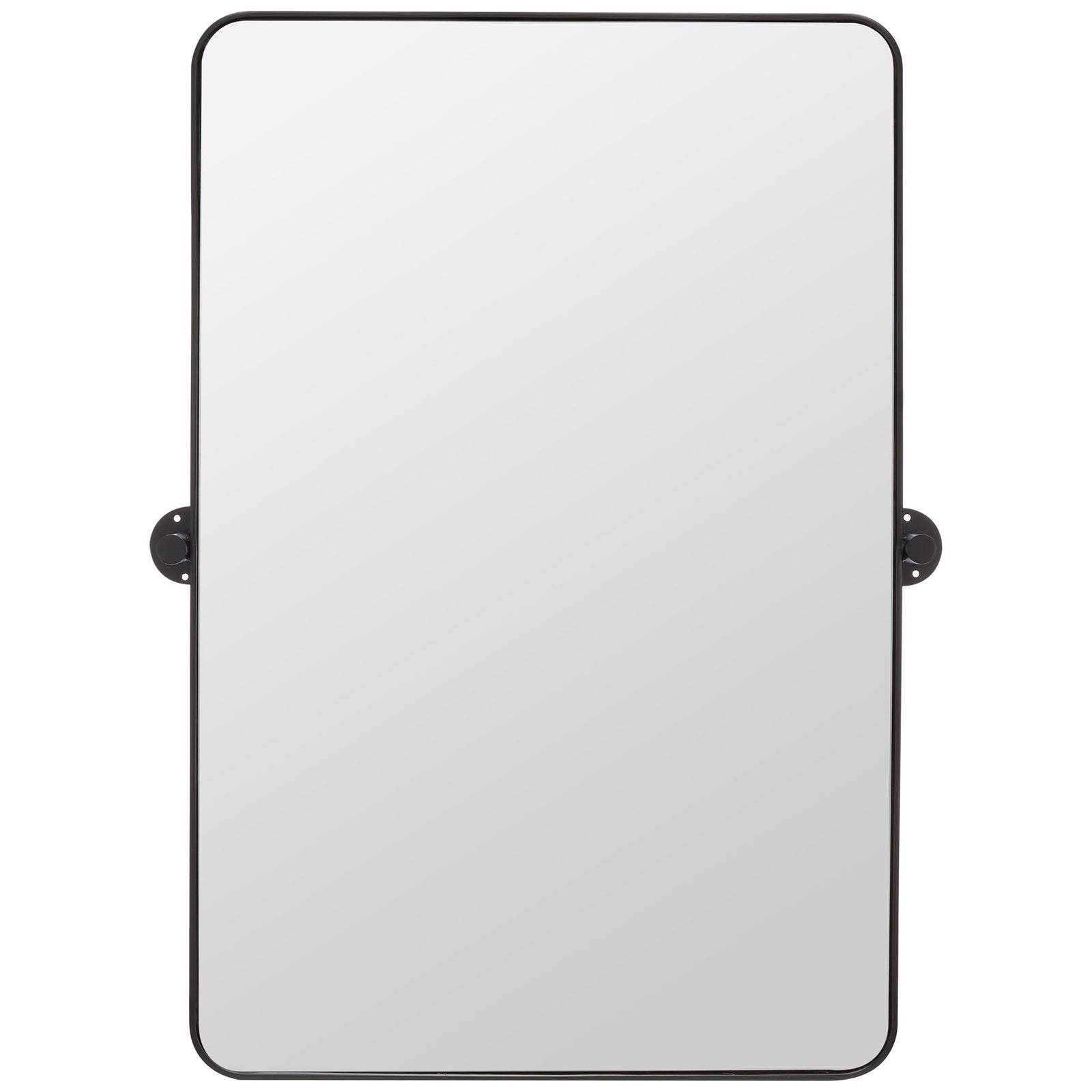 Rounded rectangular mirror features a slim black frame and circular side mounting plates. || MRR2001A || front_studio