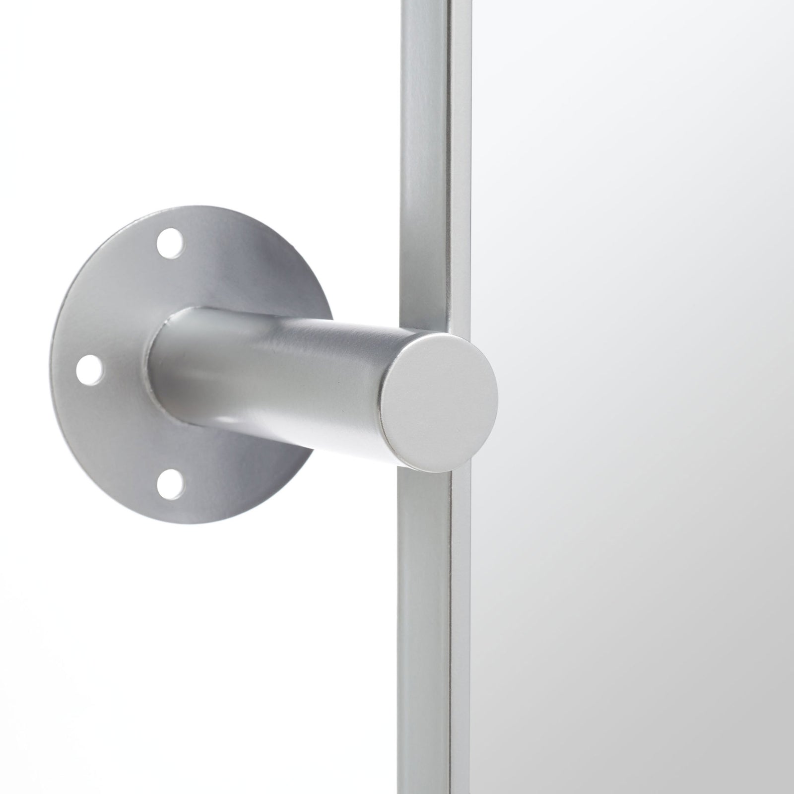 A silver cylindrical support connects the mirror frame to a circular plate with three mounting holes. || MRR2001B || detail_studio