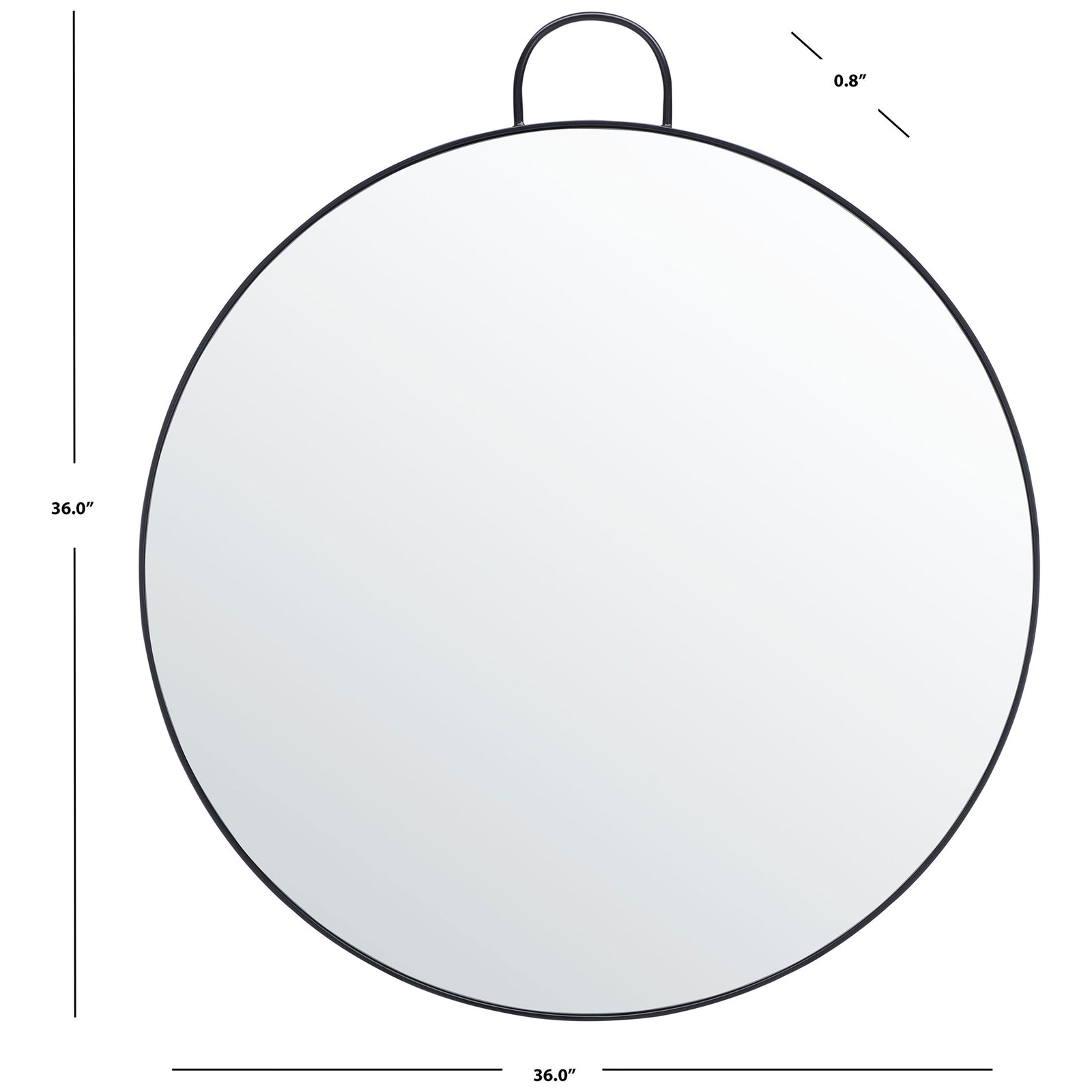 A 36-inch round mirror is edged in slim black metal with a curved loop at the top || MRR2002A || dimension_studio